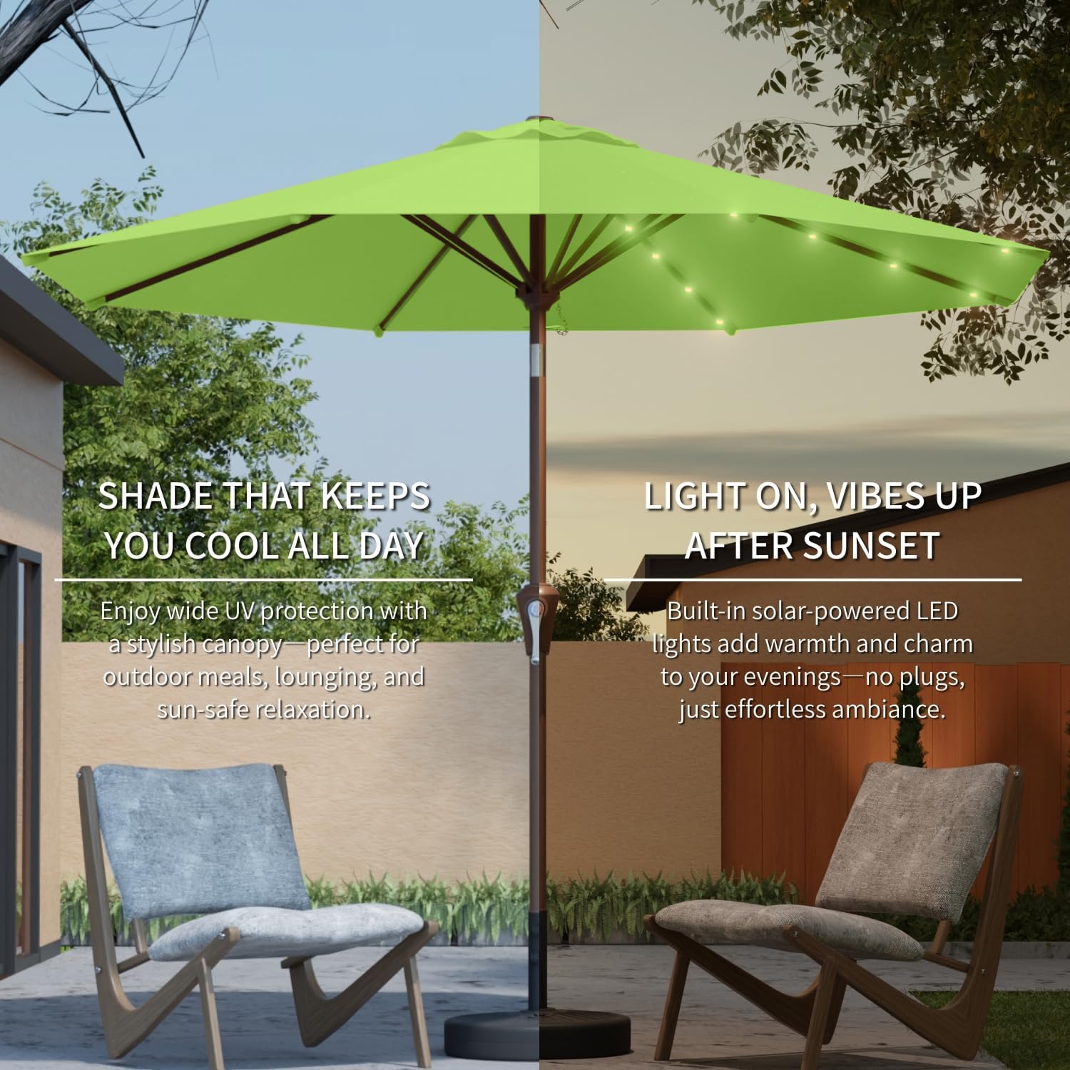 9FT Solar Umbrella 32 LED Lighted Patio Umbrella Table Market Umbrella w/Tilt and Crank, UV-Resistant Outdoor Umbrella for Pool, Garden, Deck, Apple Green