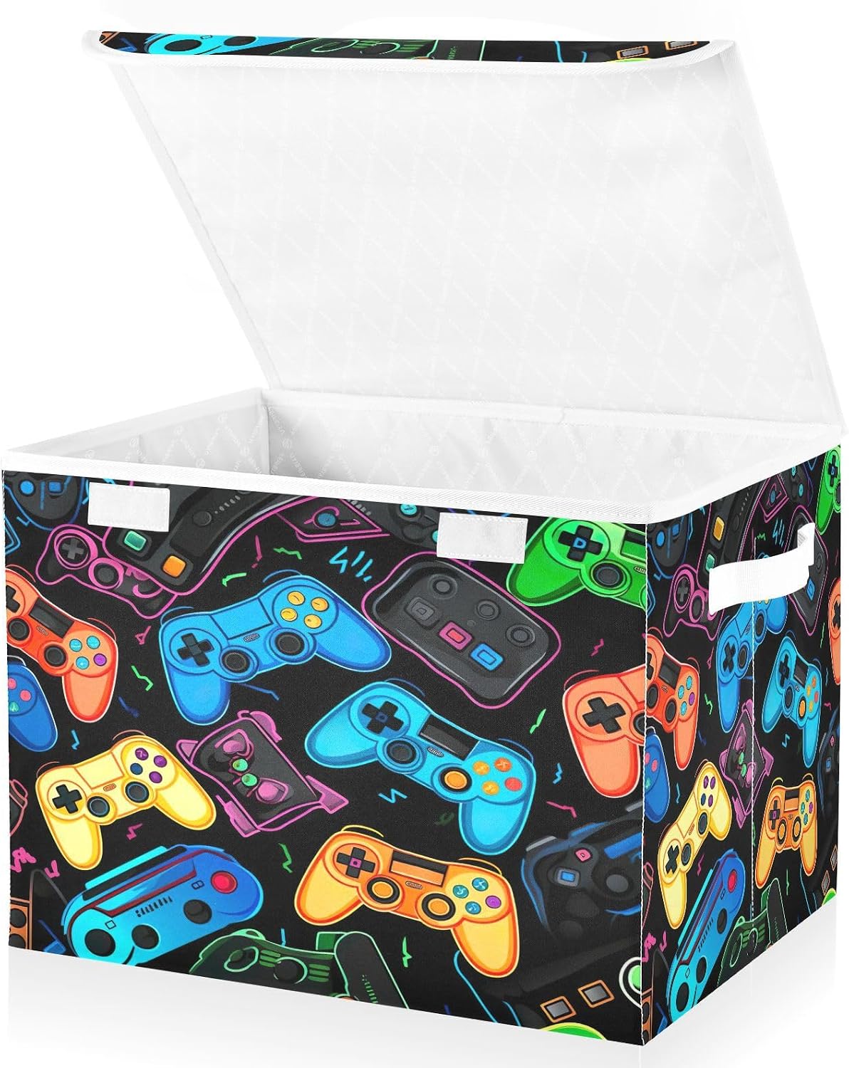 Kigai Colorful Video Game Controllers Storage Bin with Lid and Handles Foldable Fabric Storage Boxes Stackable Closet Organizer Decorative Holiday Basket for Home Bedroom Office