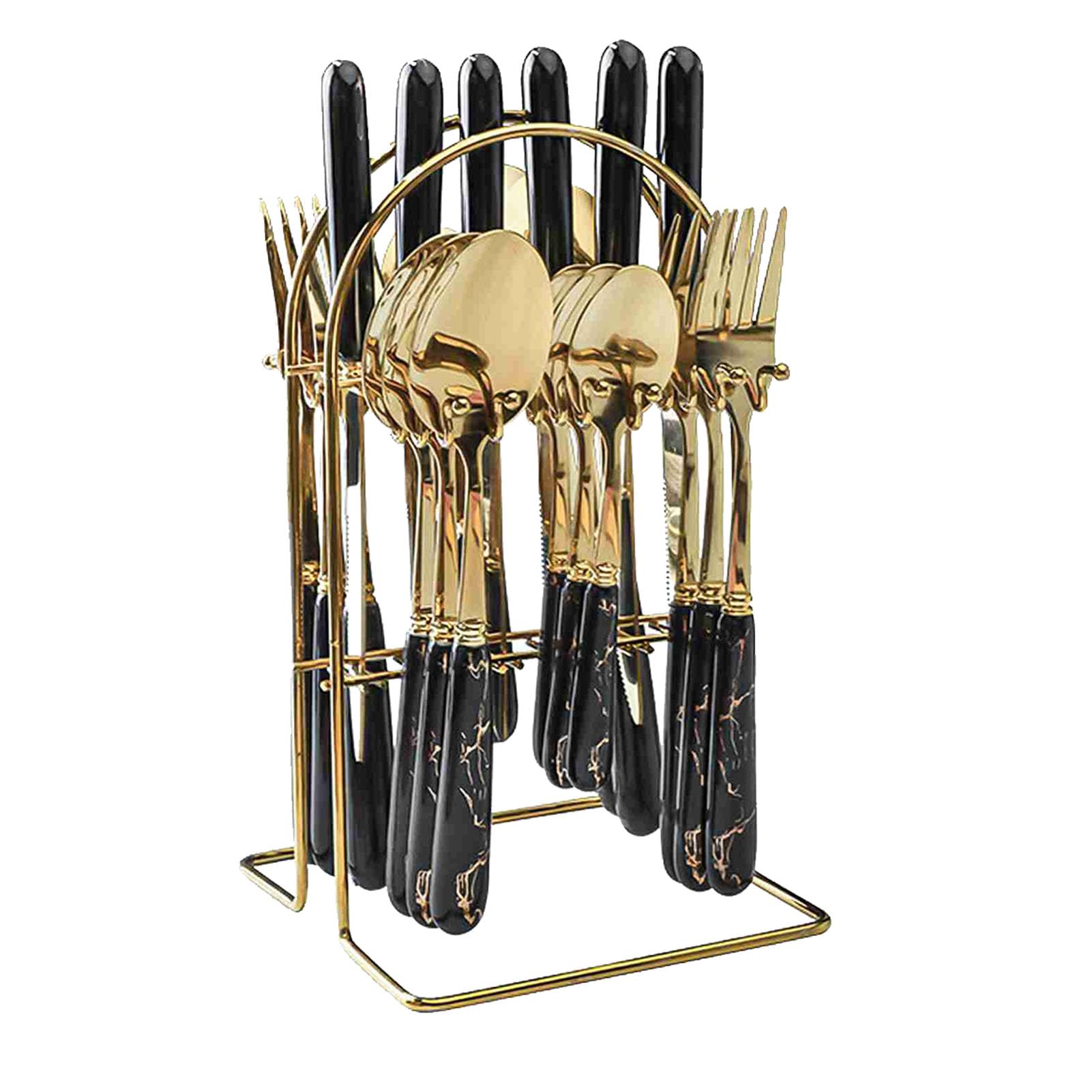 Juego de cubiertos de acero inoxidable, 24 piezas, mango negro con borde dorado, tenedores, cucharas, cuchillos, cubiertos, utensilios de metal duraderos para filetes, cenas,