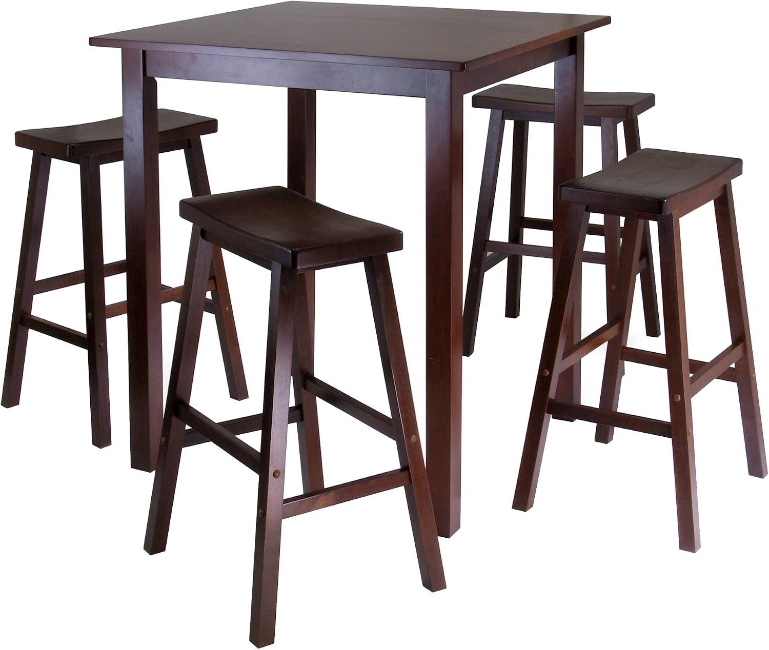 Pemberly Row 5-Piece Square Transitional Solid Wood Pub Set, Walnut Finish, Includes 1 Table and 4 Bar Saddle Seat Stools, Durable Construction, Space-Saving Design for Kitchen or Dining Room Use