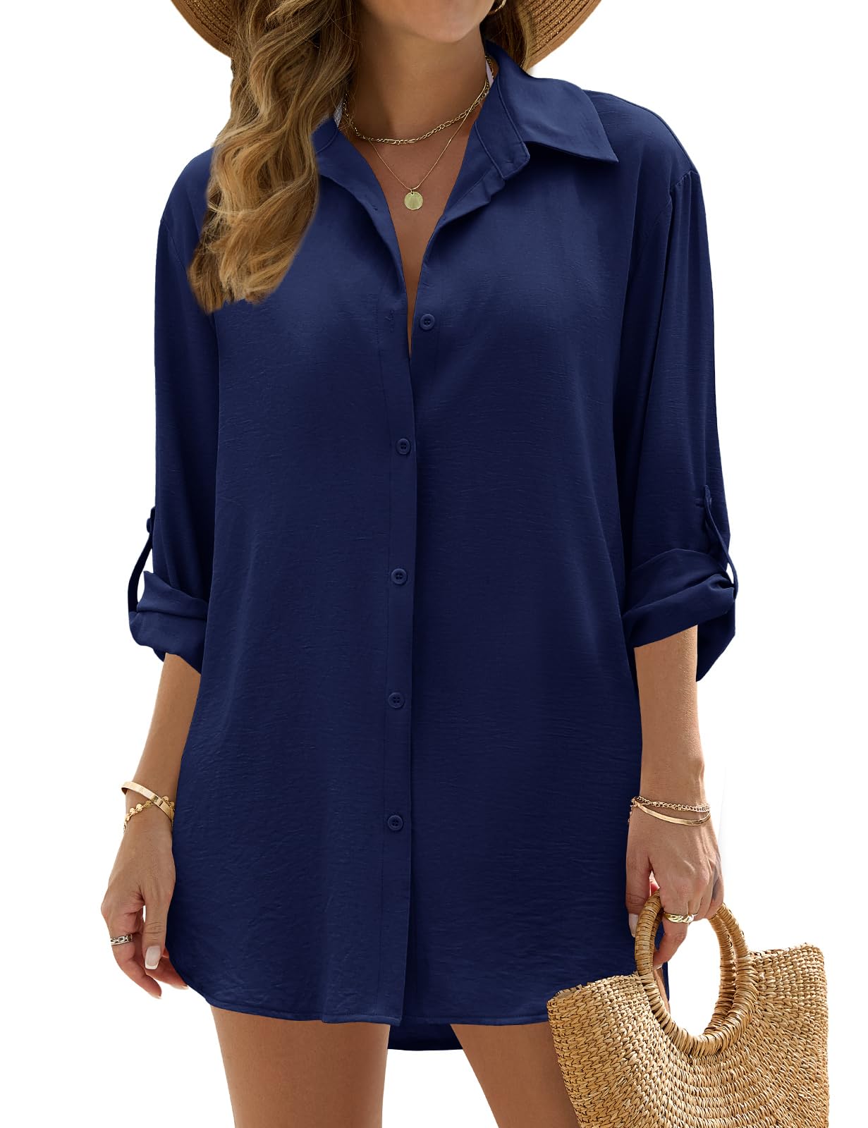 UMIPUBO Vestido Playa Mujer Camisa Suelto de Bikini Cover Up Camisas de Manga Larga Blusa con Botón para Verano Ropa Playa Verano Camisolas y Pareos