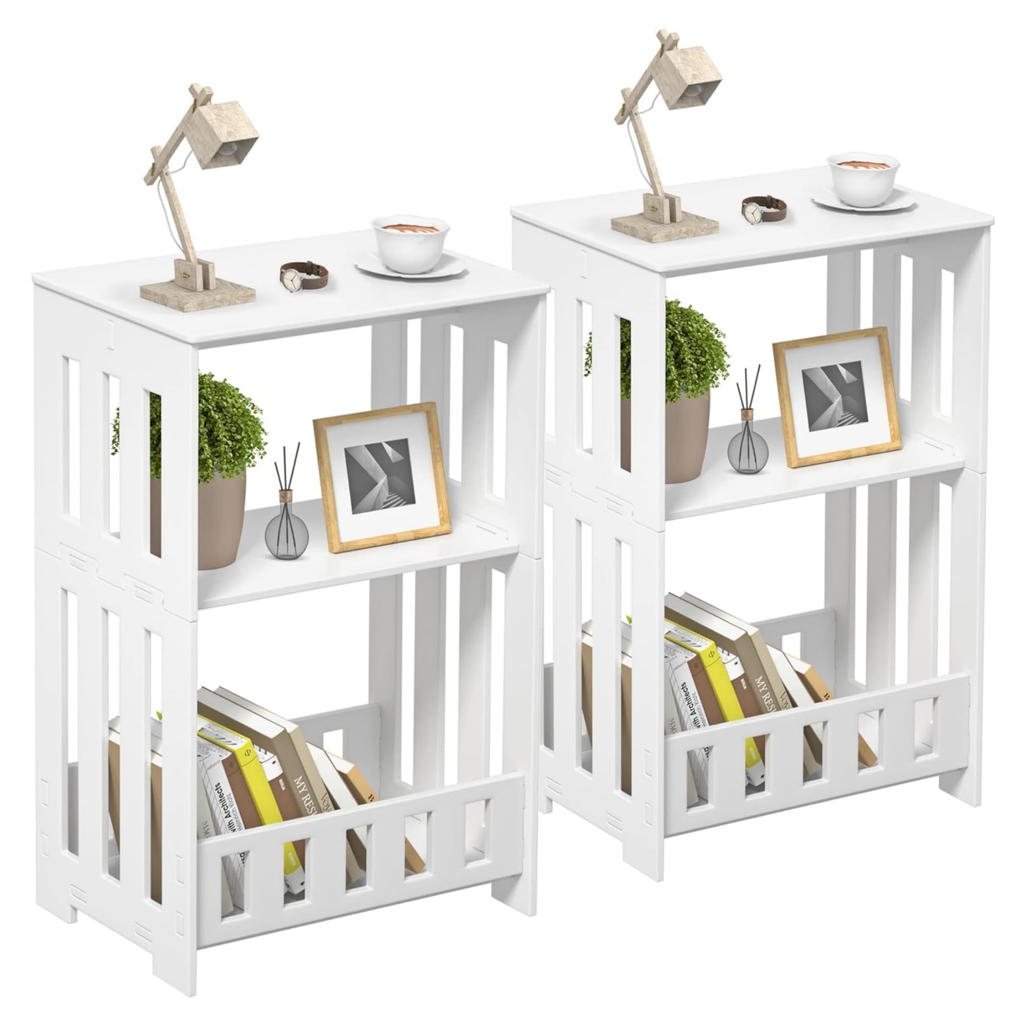 HAYOFAMY Side Table Nightstand Set of 2, 3-Tier Narrow End Table with Display Shelf, Simple Bedside Table Storage Rack for Bedroom, Living Room, Office, Bathroom, White