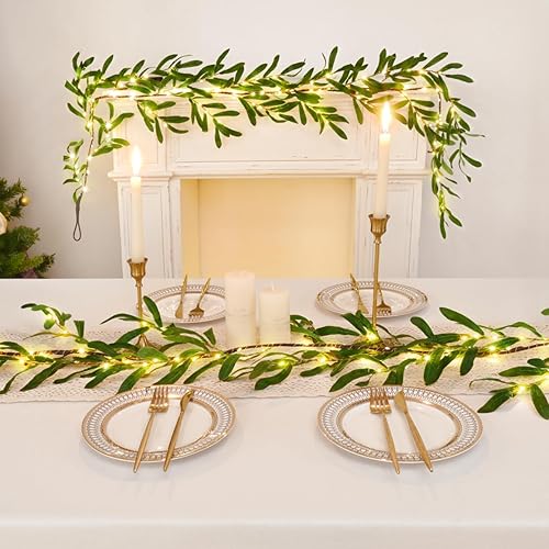 Miniatura 10 de Waipfaru Guirnalda de olivo de Navidad con luces, guirnalda de mantel iluminada de 6 pies con temporizador, guirnalda de ramitas artificiales de
