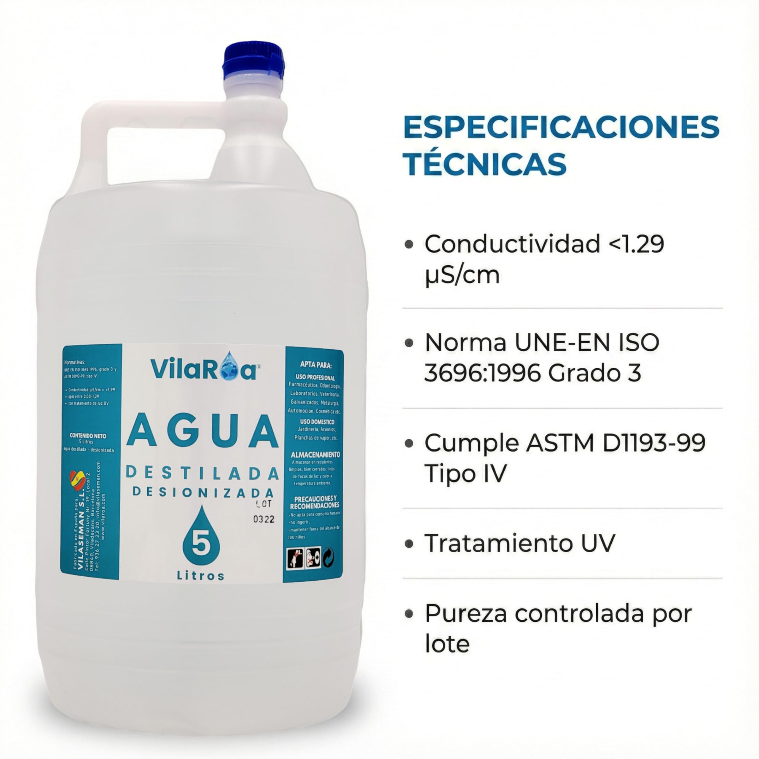 Agua Destilada Desionizada 3 Garrafa de 5 Litros, Agua Desmineralizada Alta Pureza Técnica para CPap, Autoclave, Humidificador, Plancha, Motores, Limpieza, Laboratorio, Plantas, Acuario, Bateria