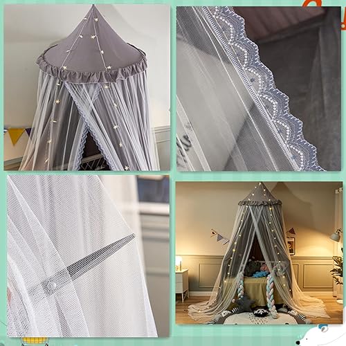 Miniatura 4 de VETHIN Toldo de cama para niños con luces, doble capa de cúpula redonda de princesa para niños, mosquitera de ensueño, habitación de niñas,