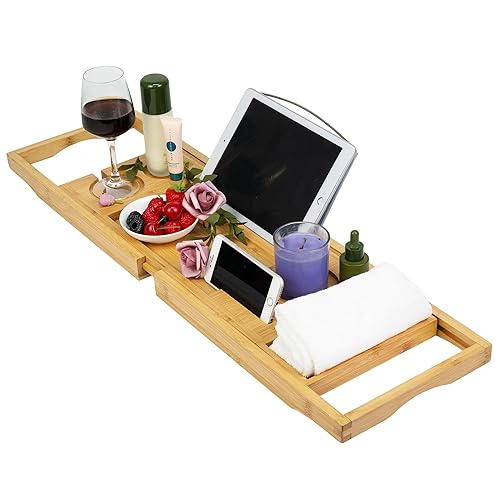 Premium Bamboo Bathtub Tray, Utoplike Bath tub Caddy Tray Organizer with Sliding Shampoo Soap Towel Holder, Tub Tray with Phone Stand and Adjustable Book Reading Rack for Books - Bamboo
