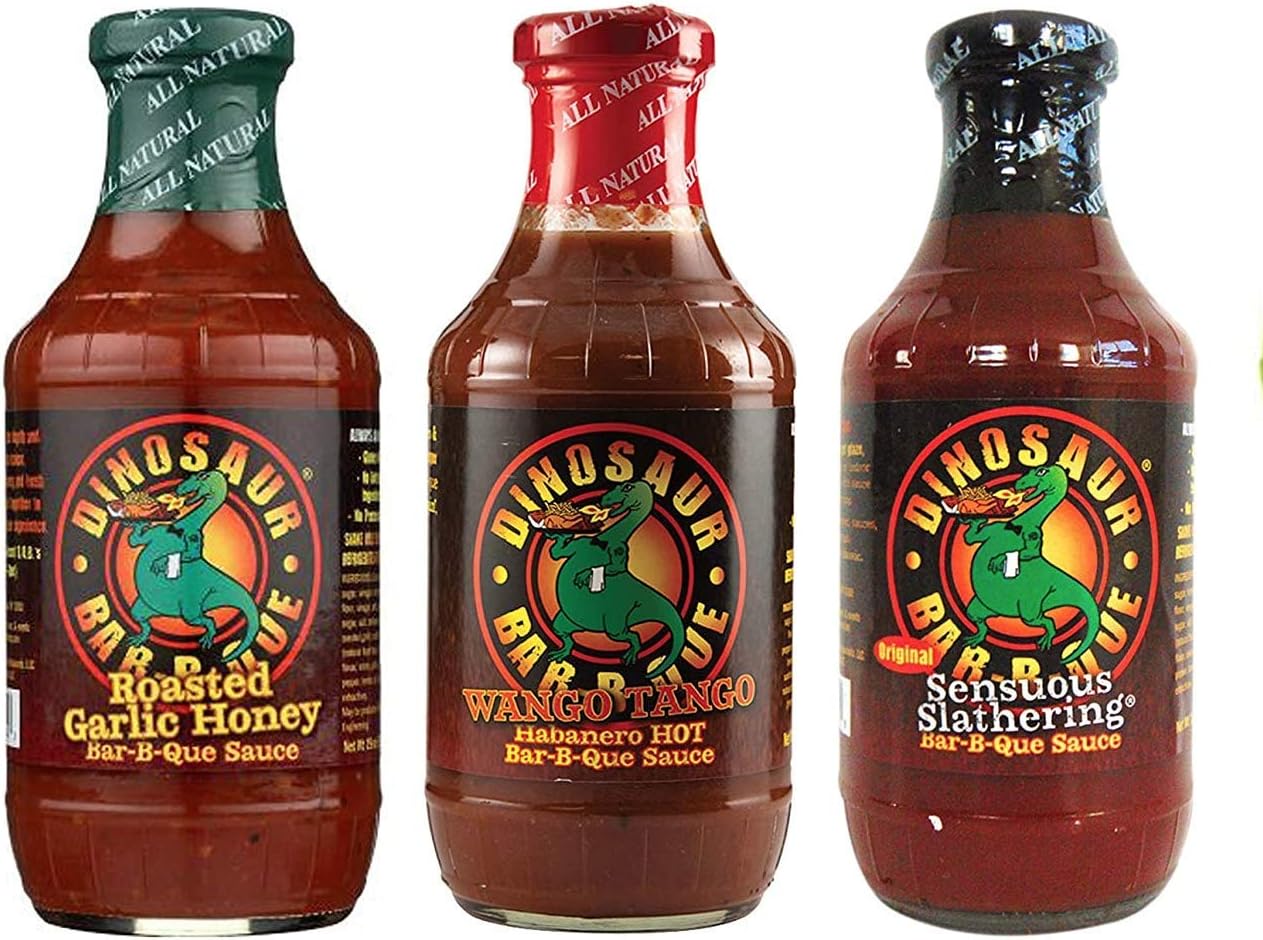 Dinosaur BBQ Sauce Variety: Wango Tango, Slathering BBQ & Garlic Honey 19 oz Bottles (Variety 3 pk)