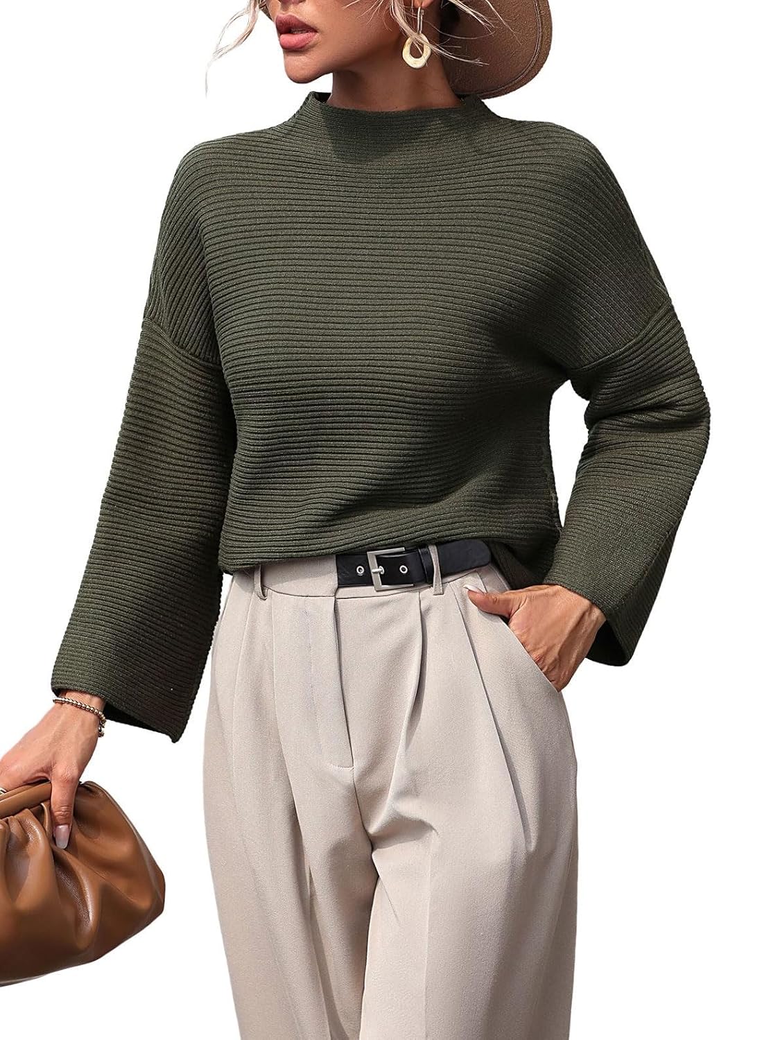 chouyatou Womens Fall Mock Neck Pullover Sweater Elegant Ribbed Knit Dressy Casual Sweater Top