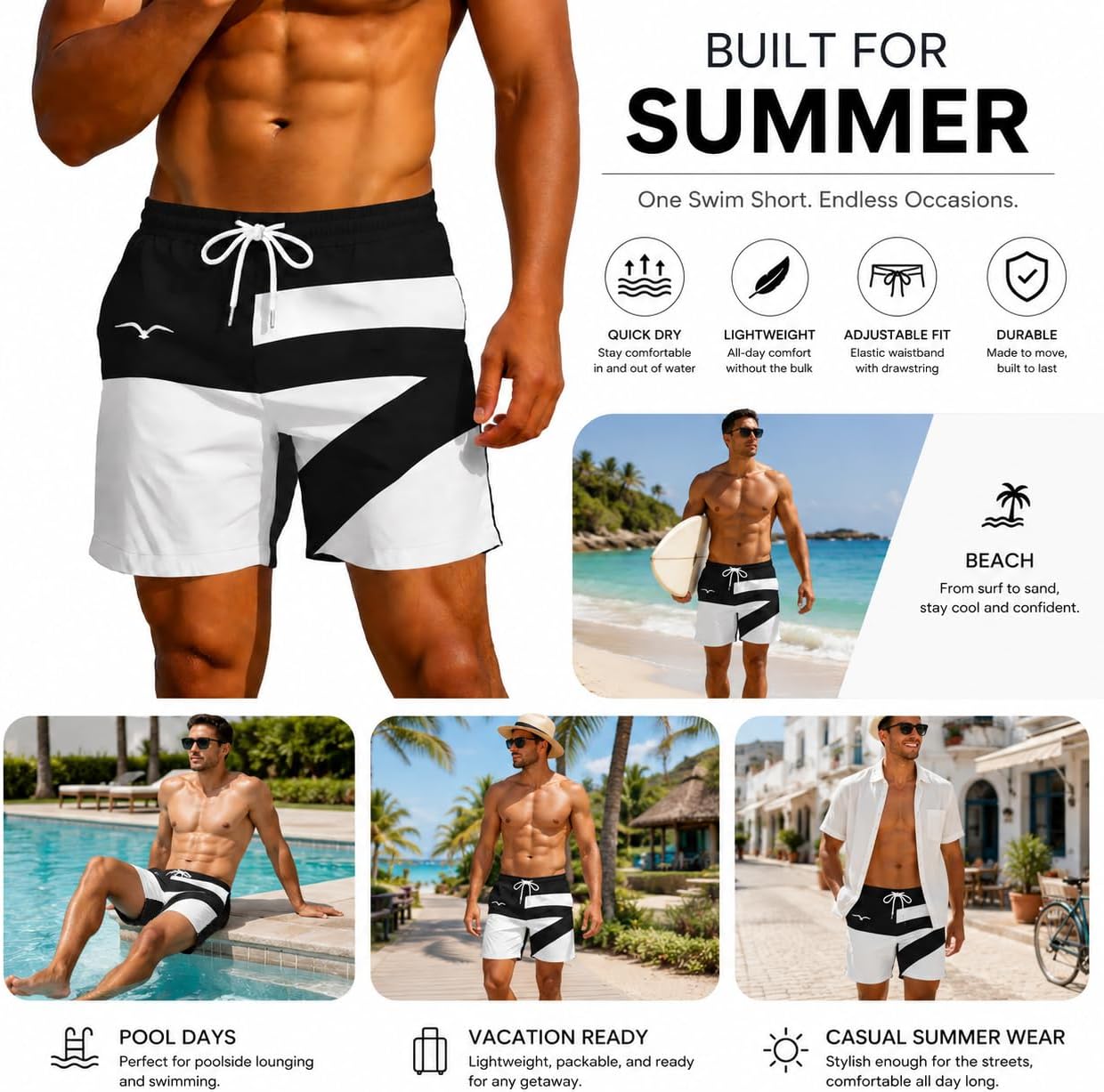 Men's Swim Trunks 4-5 Inch Quick Dry Beach Shorts Mesh Lined Elastic Waist Drawstring Swimwear Summer Pool Vacation