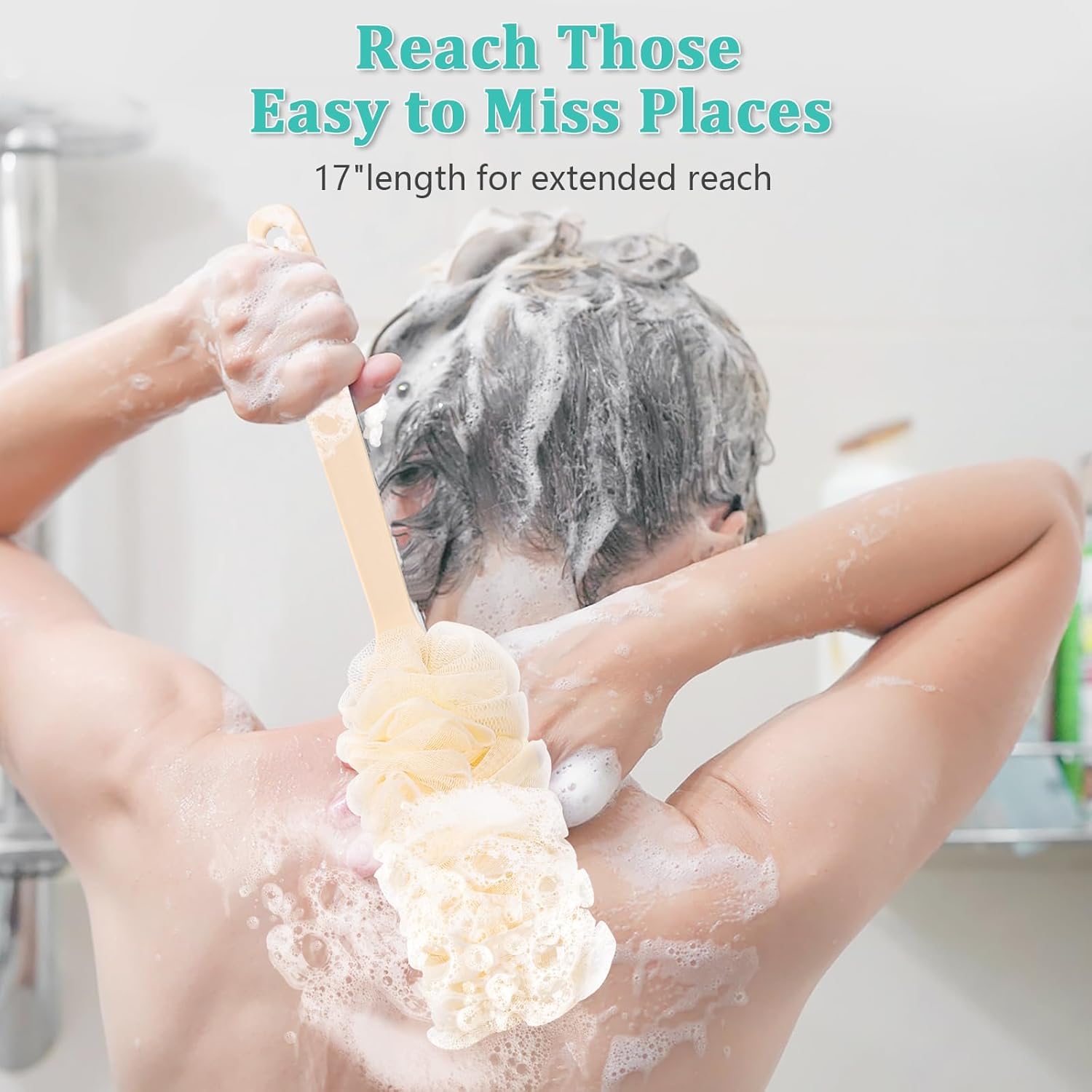 2 Pieces Back Brush Scrubber Shower Loofah Long Handle Bath Brush Shower Body Brushes with Bath Net Sponge Soft Mesh for Exfoliating and Removing Dead Skin for Men and Women(Blue and Beige) - Image 2
