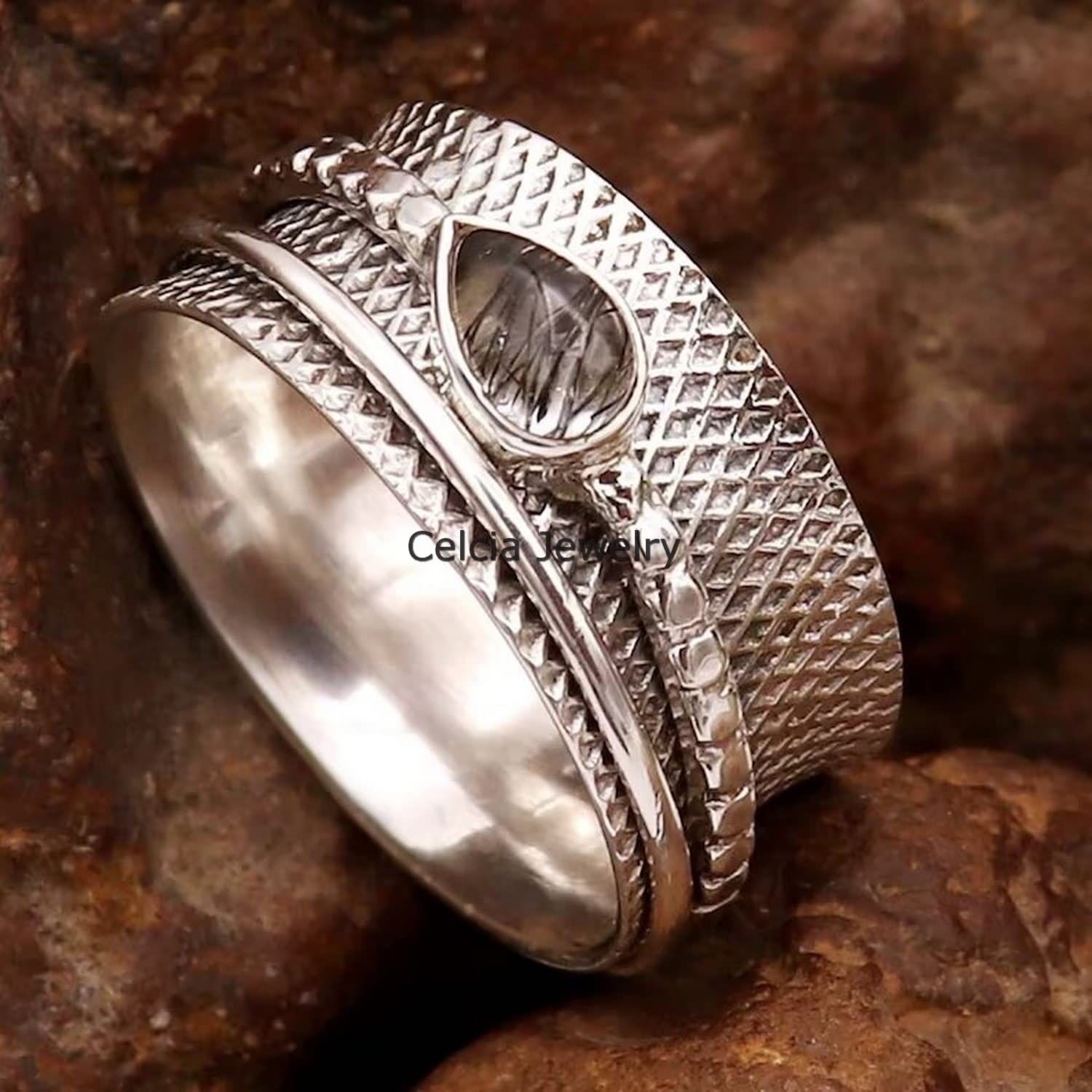 Anillo giratorio de cuarzo rutilado negro en plata, anillo de meditación para hombres y mujeres, anillo de regalo para el Día de la Madre (talla 7 de EE. UU.)