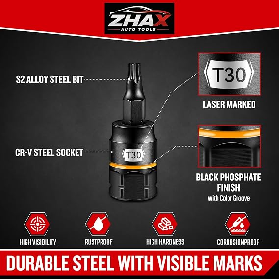 Zhax 3/8 Drive Torx Bit Socket, T30 Solid Star Bit, Outer Hex Socket