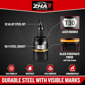 Zhax 3/8 Drive Torx Bit Socket, T30 Solid Star Bit, Outer Hex Socket