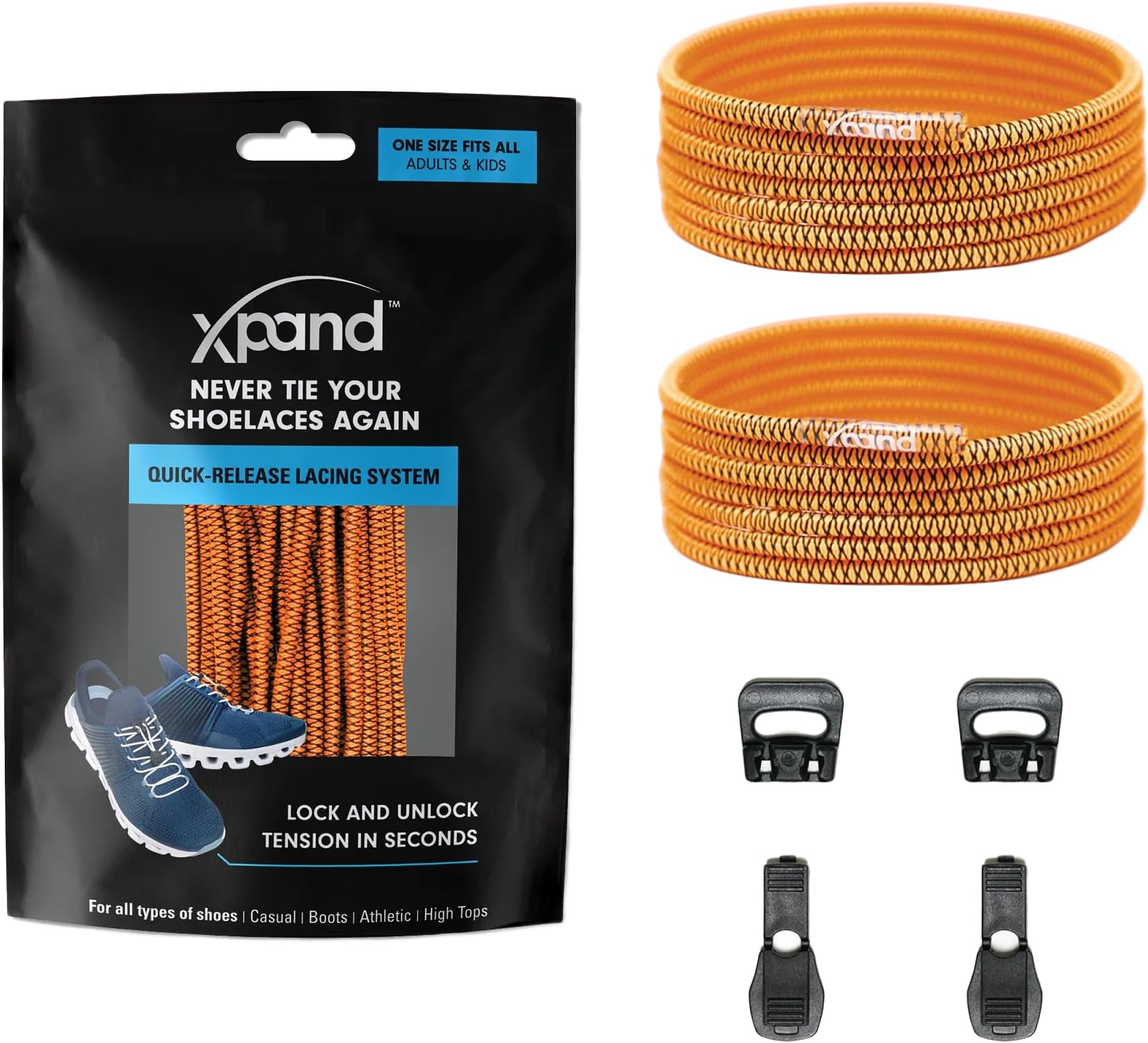 Xpand Round Lacing. Elastic No Tie Shoelaces - Quick Release Tension Control - One Size Fits All Adult and Kids Shoes