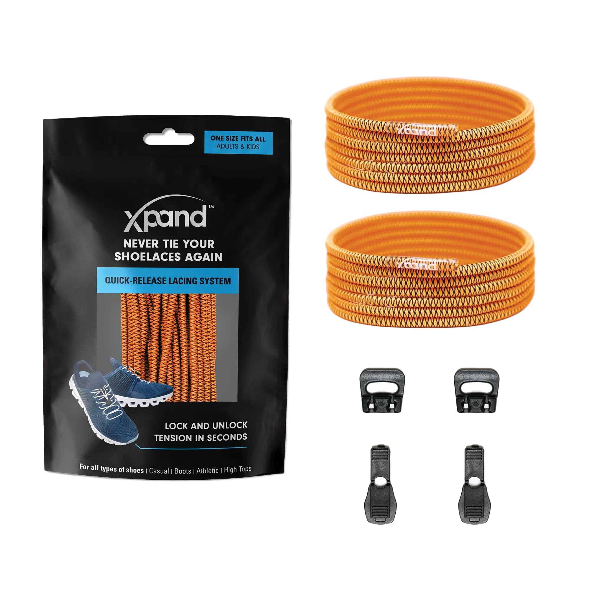 Xpand Round Lacing. Elastic No Tie Shoelaces - Quick Release Tension Control - One Size Fits All Adult and Kids Shoes