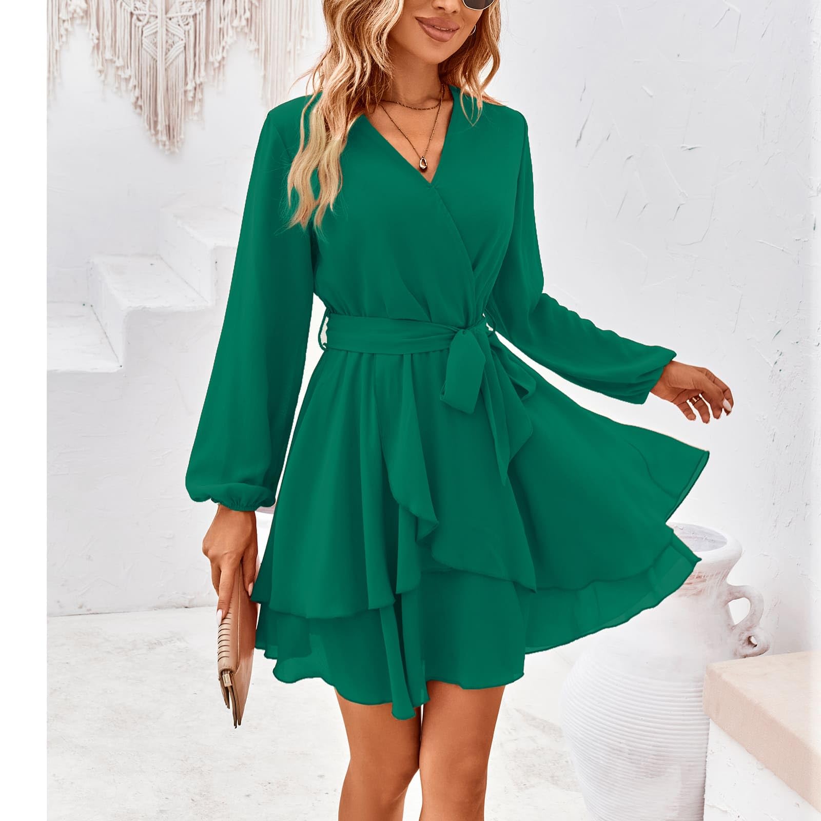 TcIFE Vestidos de Mujer Casual con Cuello en V de Manga Larga y Colores Sólidos, Sexy Mini Elegantes Ajustado Fiesta para Bodas Vestido