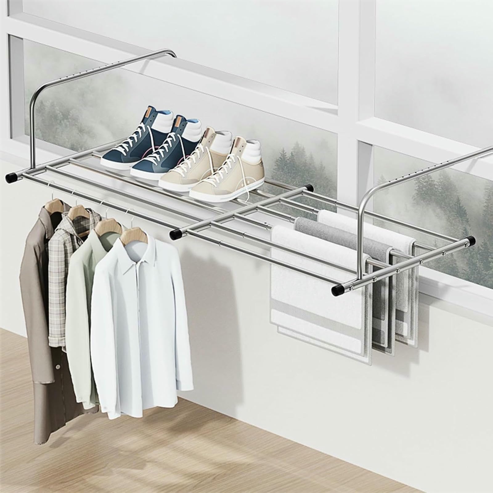 Stendibiancheria per termosifone, stendibiancheria retrattile per balcone e finestra, stendibiancheria con bracci regolabili, per appendere vestiti, asciugamani, biancheria intima, scarpe e calzini (7