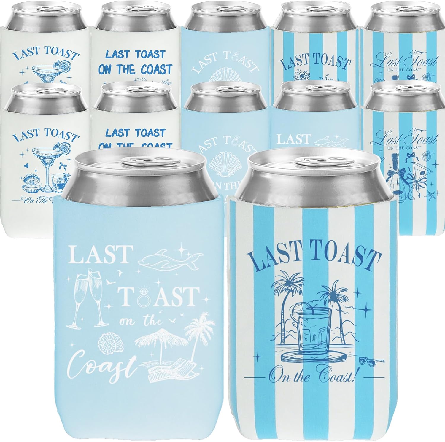 Last Toast On The Coast Bachelorette Can Sleeves - 12 Pack Bachelorette Party Decoration Bulk Blue Beach Beer Cans Coolers for Bridal Shower Bridesmaid Wedding Party Favors Gifts Supplies Decor Standard