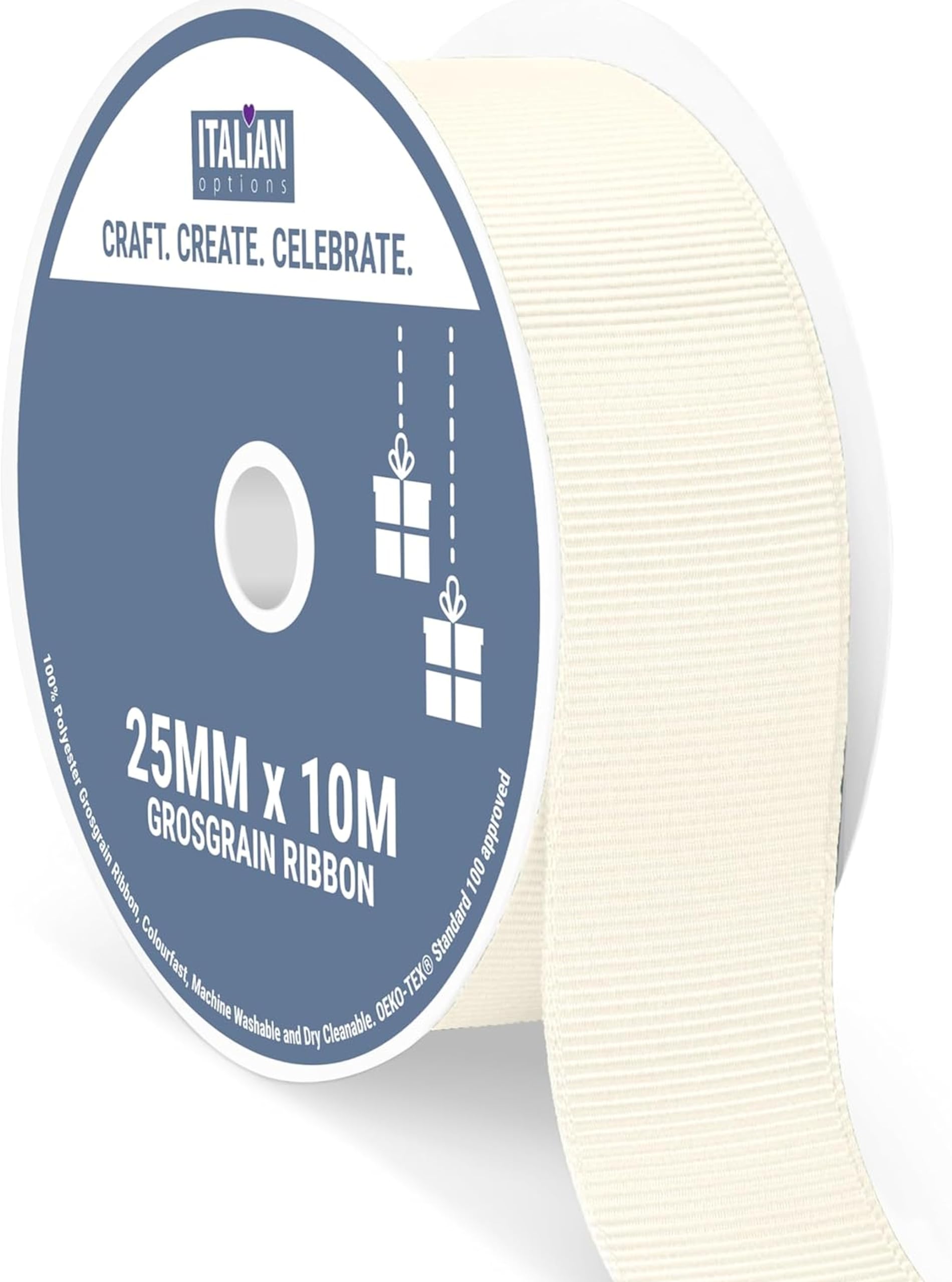 Italian Options Grosgrain Ribbon 25mm, Strong Plain Cream Ribbon for Bows, Wedding, Crafting, Sewing, Hair Accessories, Gift Wrap, 25 mm x 10 Metre Roll, Cream