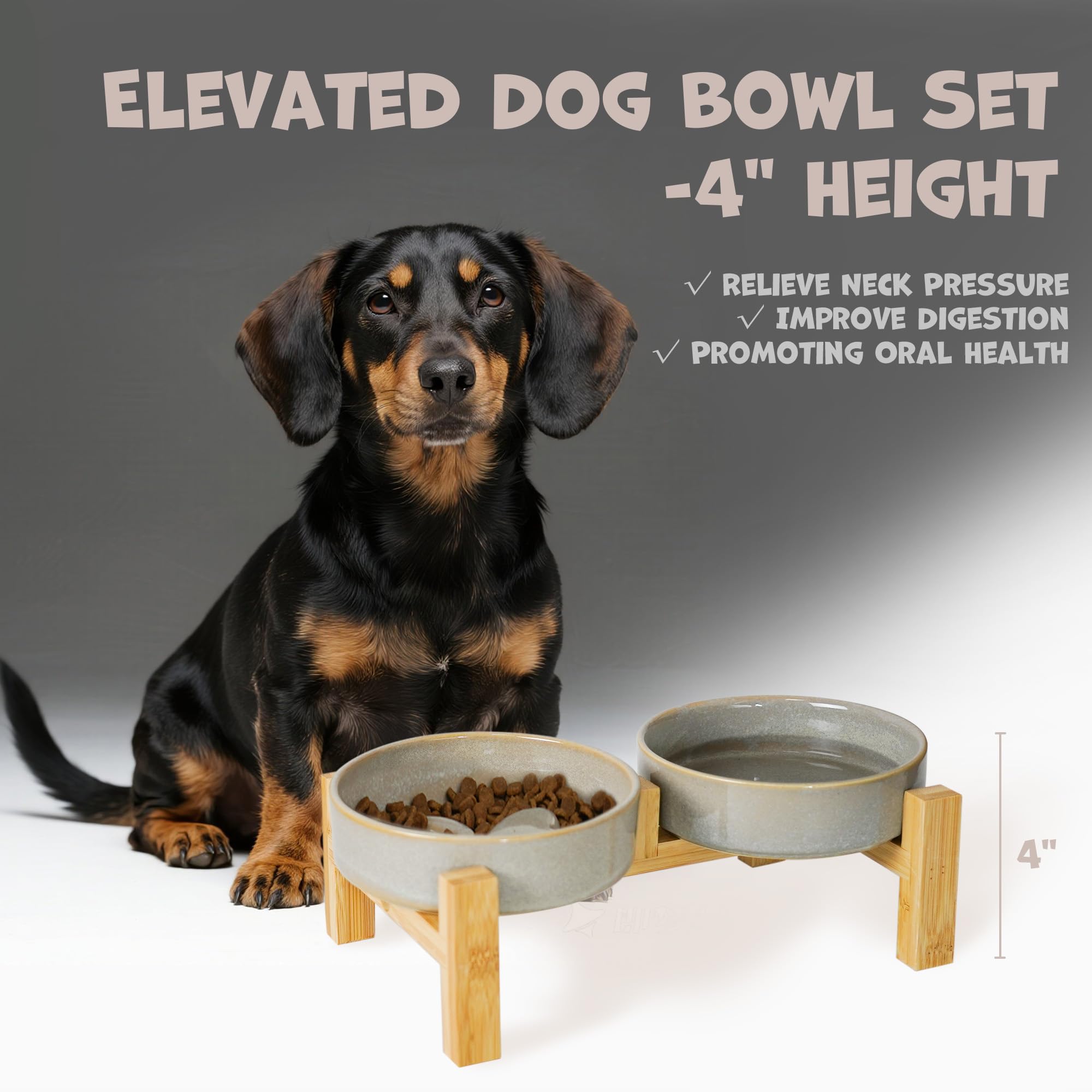 Slow Feeder Dog Bowl Set – Ceramic Paw Design Bowls With Wood Stand For Small Dogs & Cats, Grey