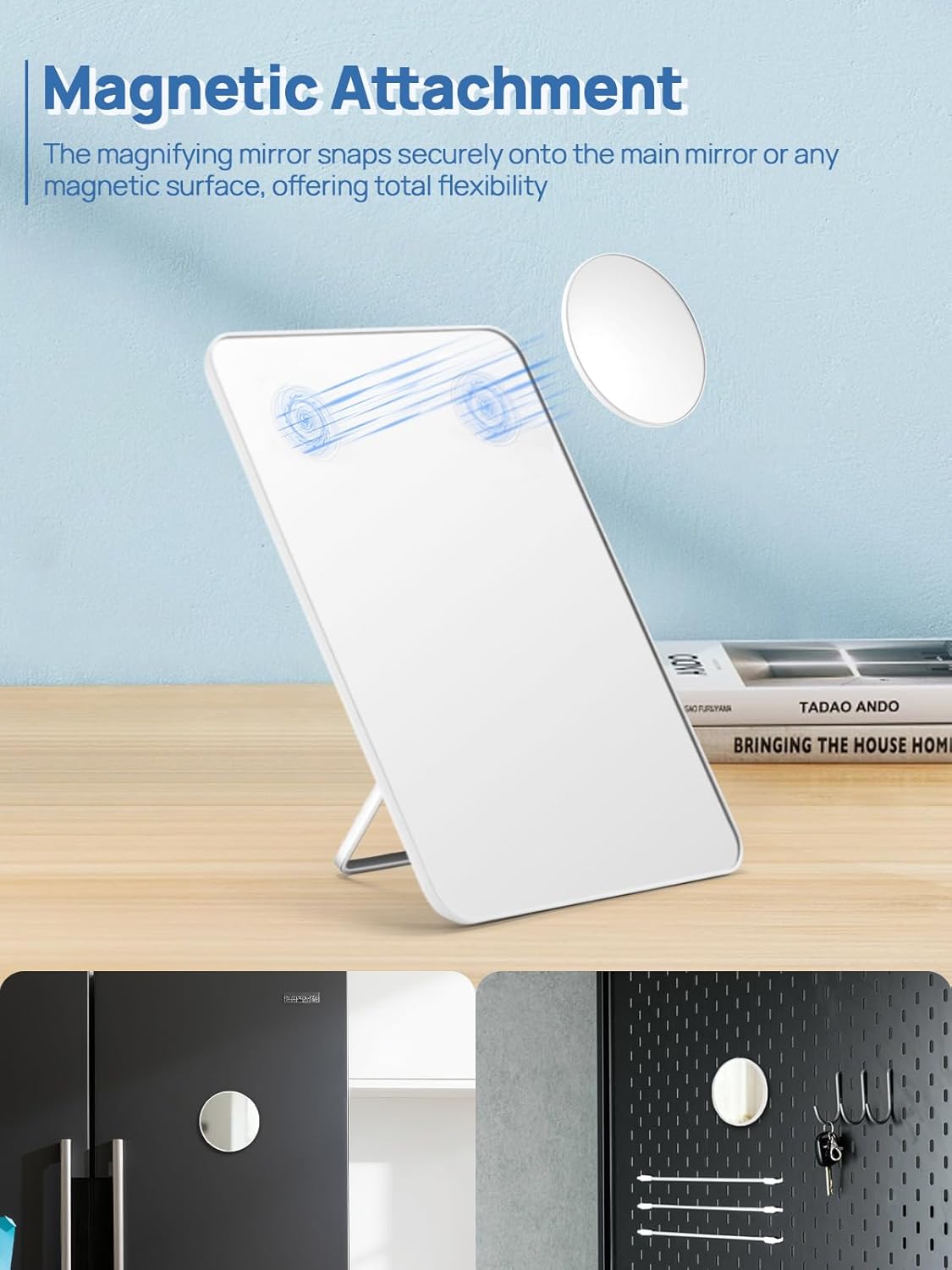 OMIRO Desk Makeup Mirror with 10X Magnifying Mirror, 8 x 5 inches Small Travel Mirror with Foldable Stand and Hanging Hole for Shaving and Travelling, White