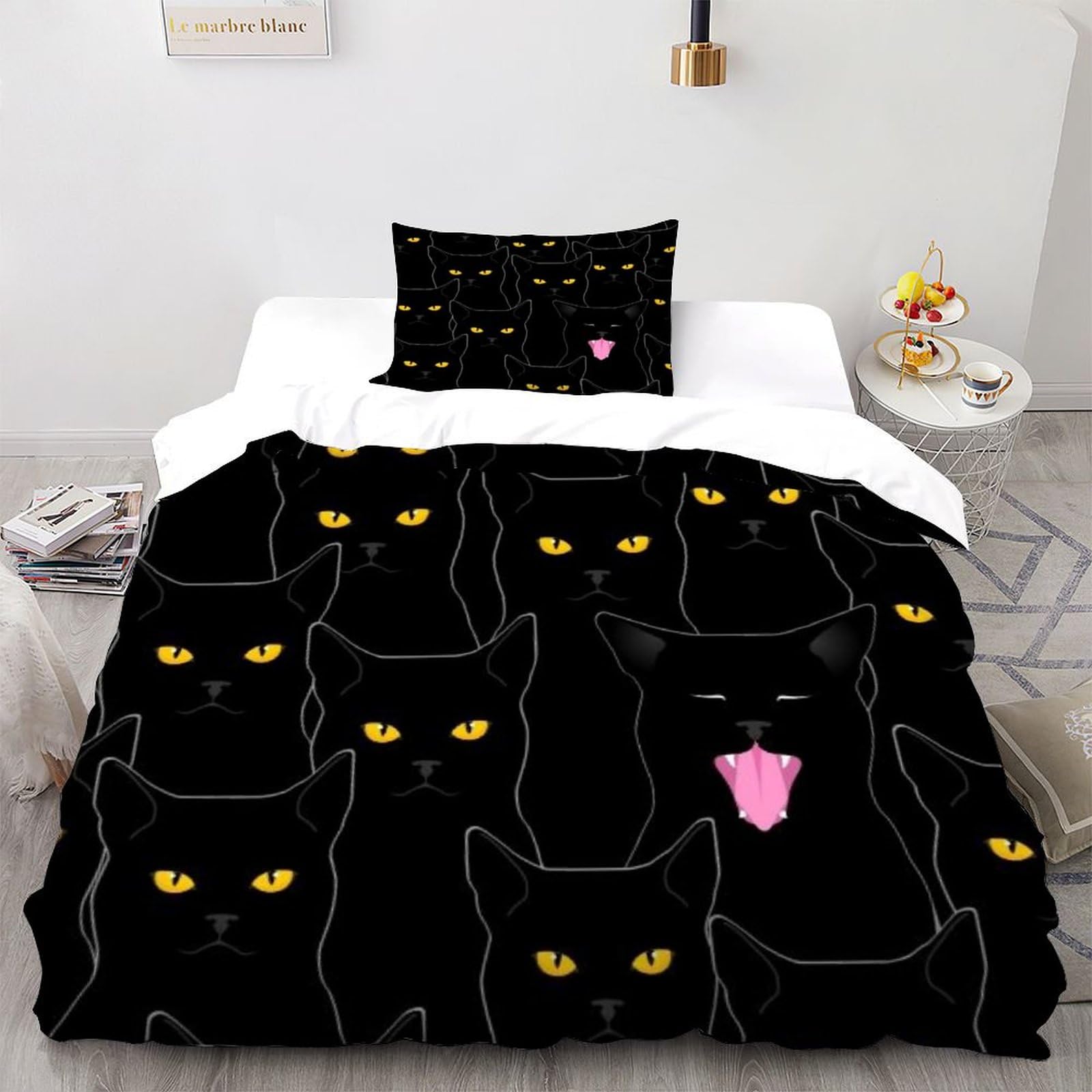 Parure de lit chat noir imprimé animal avec taie d'oreiller single