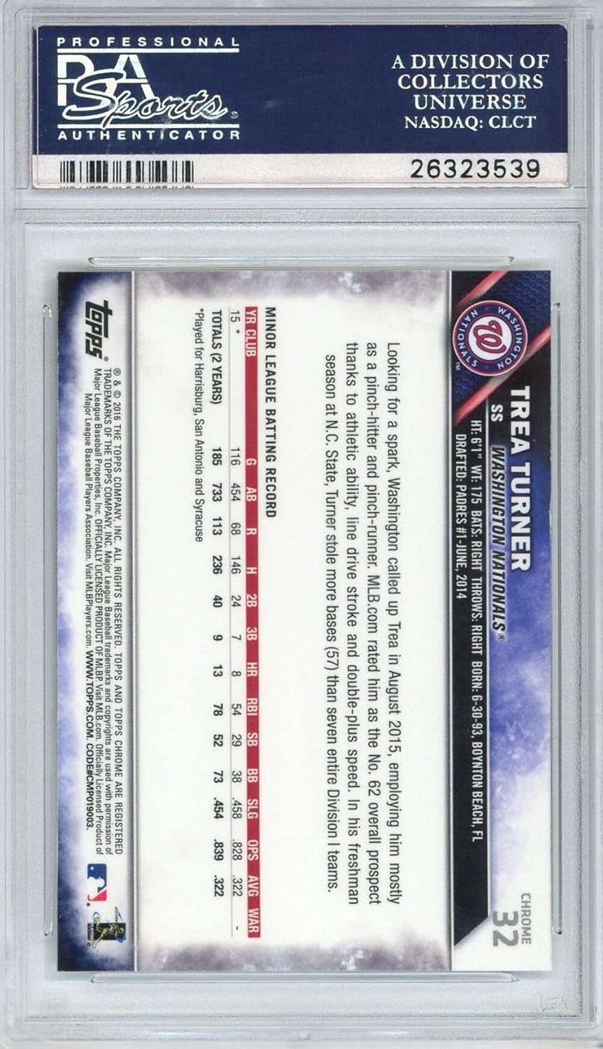 Graded 2016 Topps Chrome Trea Turner #32 Rookie RC Baseball Card PSA 10 Gem Mint