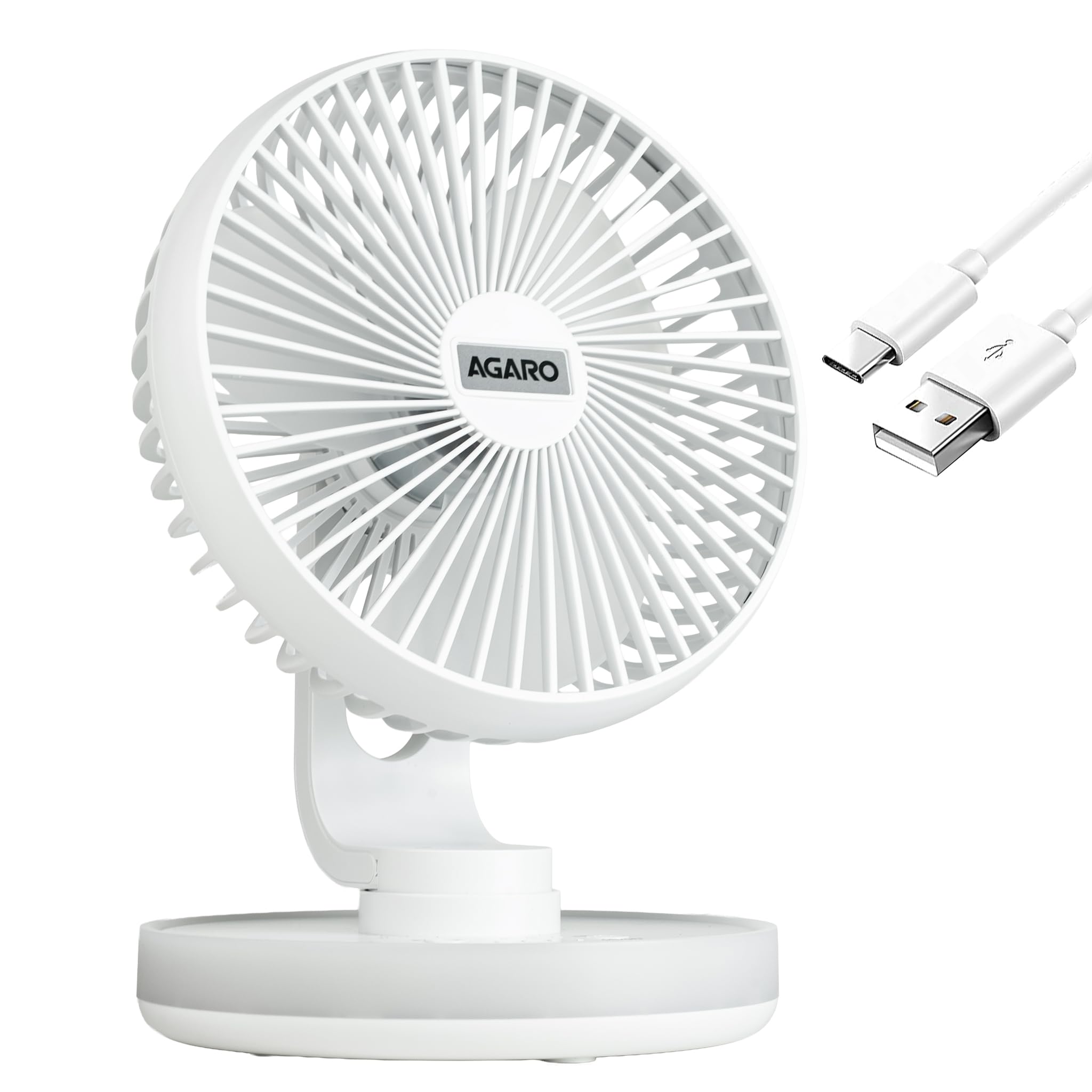 AGARO Alpha Desktop Fan with Light, 6 Inches, 4 Speeds, Oscillating Table Fan, Brushless Motor, Wide Angle Adjustment, USB Rechargeable, Ultra Quiet, Personal Mini Fan for Home Office Bedroom, White