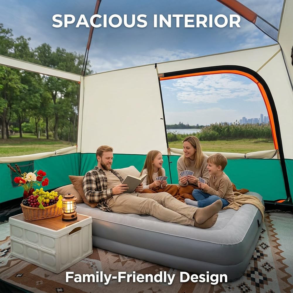 Familienzelt für 4 Personen, Tunnelzelt mit 2 Schlafkabinen und Vorzelt, 10 Min Schnellaufbau, 3000 mm wasserdichtes Campingzelt mit UPF 50+, leichtes Zelt für Familien-Camping und Outdoor