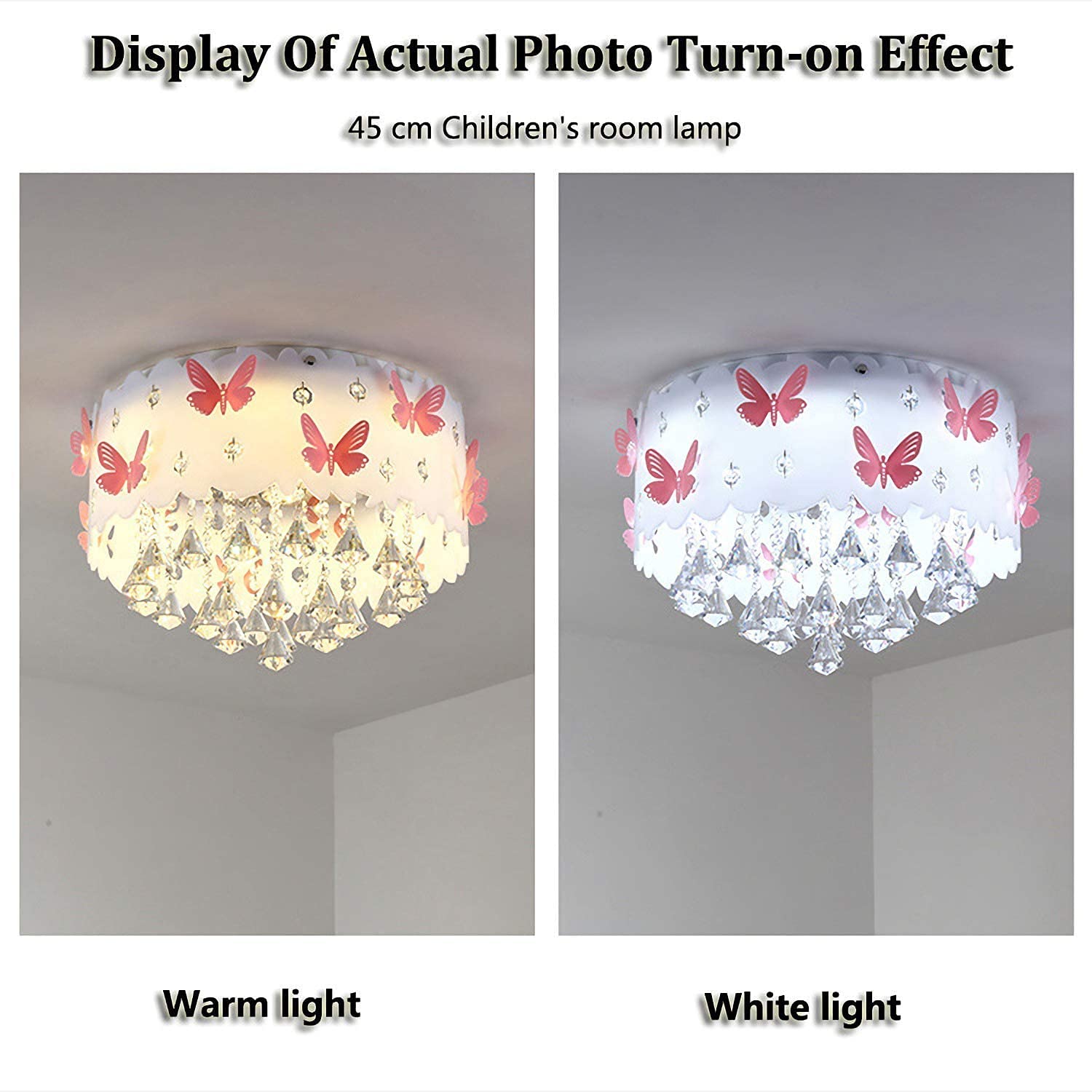 Plafoniera LED per cameretta per bambini, camera da letto, luce regolabile 3000 K - 6000 K con telecomando, bellissima lampada da soffitto con decorazione a farfalla rosa, lampadario in cristallo