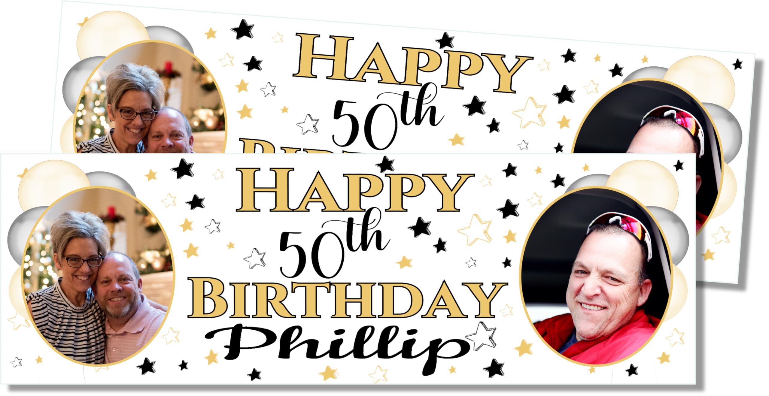 2pk Large 6FT Happy Personalised Birthday Banners with Photo, Customised with any Name and Age, Black and Gold Party Decorations for Men or Women 21st 50th 60th 40th 16th 70th 30th 80th 18th