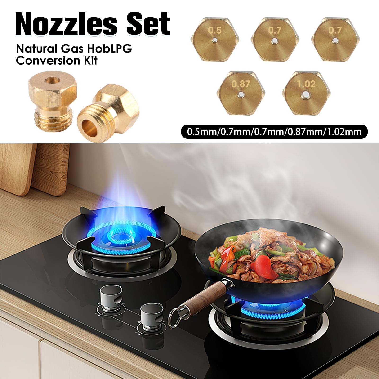 10 Ugelli Gas GPL, Ugelli Universali Kit Conversione per Fornelli e Piani Cottura, Iniettori per Stufe a Gas Butano, Ugelli di Ricambio per Bruciatori, 2×0.5mm 4×0.7mm 2×0.87mm 2×1.02mm
