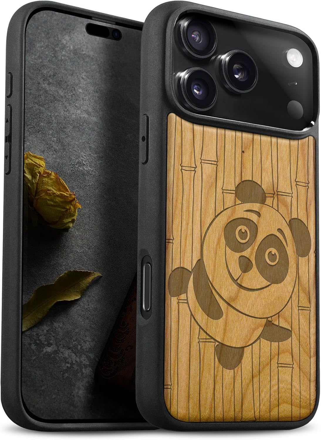 Carveit Magnetic Wooden Case for iPhone 17 Pro Max Case, Wood Artisan Engraved & Black Soft TPU Shockproof Cover, Compatible with MagSafe Wireless Chargers (Sea Turtle in Oceanic Patterns) Rosy