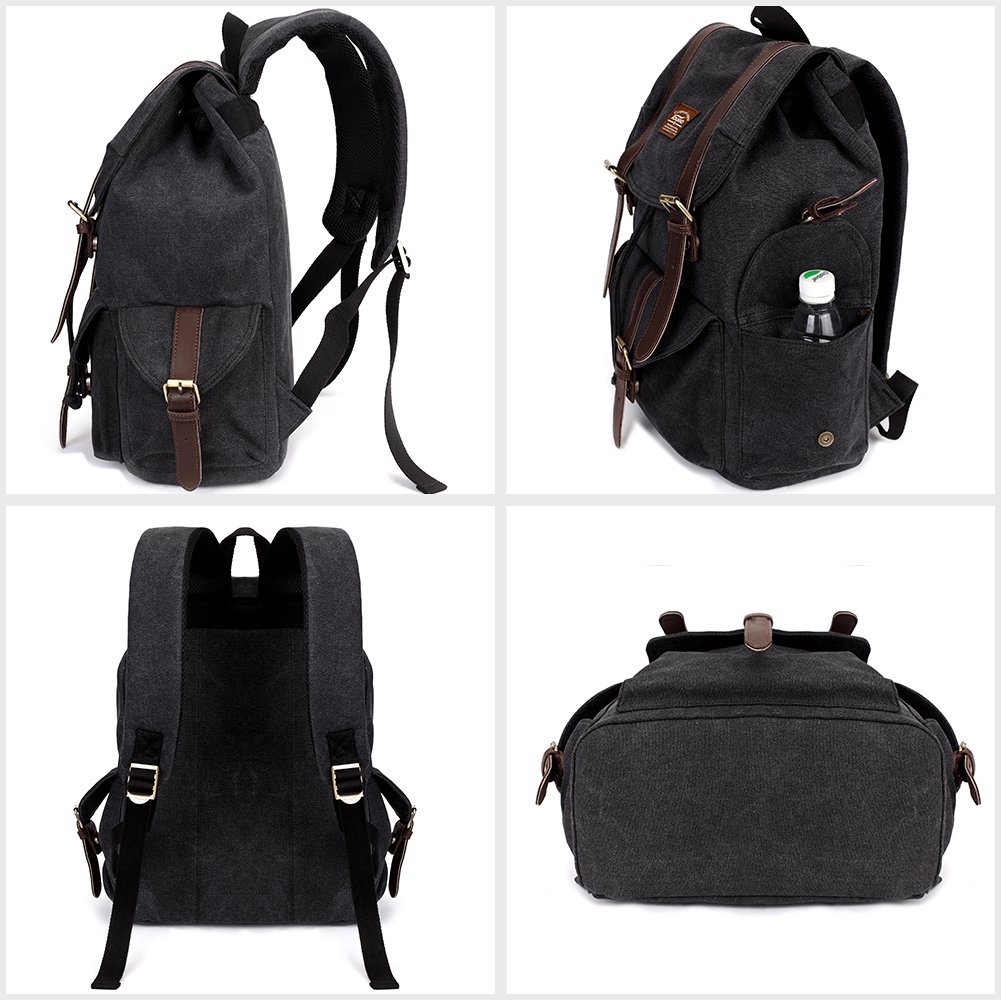 KAUKKO Lona Mochila de Ocio Bolso del Ordenador portátil Colegial Bolsa de Estudiante Paquete de Deportes al Aire Libre para Hacer Senderismo/Viajar/Acampar (Negro)
