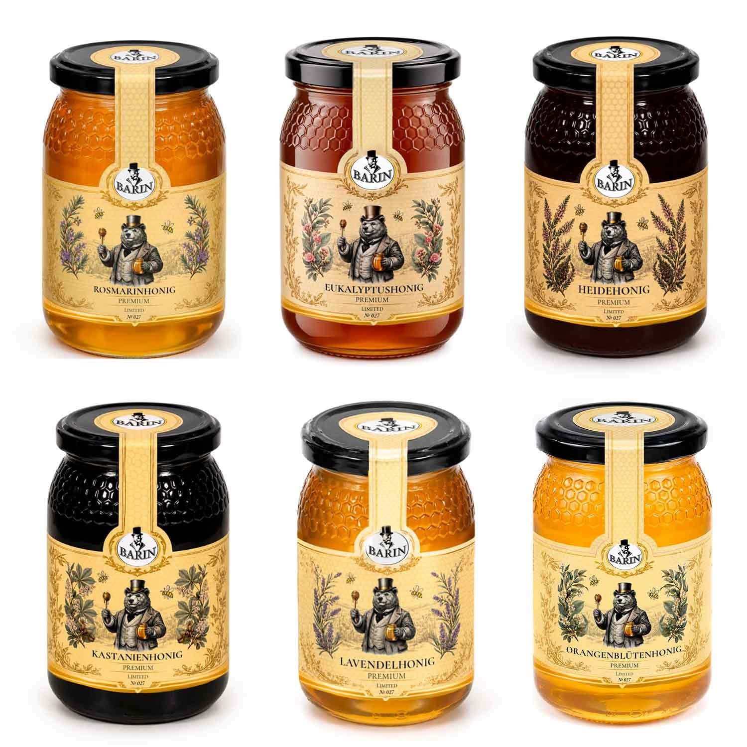 BARIN Honig Geschenkset – 6 Sorten Premium Sortenhonig aus Portugal (6×500 g), Probierset im Geschenkkarton mit Holz-Honiglöffel, Orangen-, Eukalyptus-, Kastanien-, Heide-, Lavendel- &