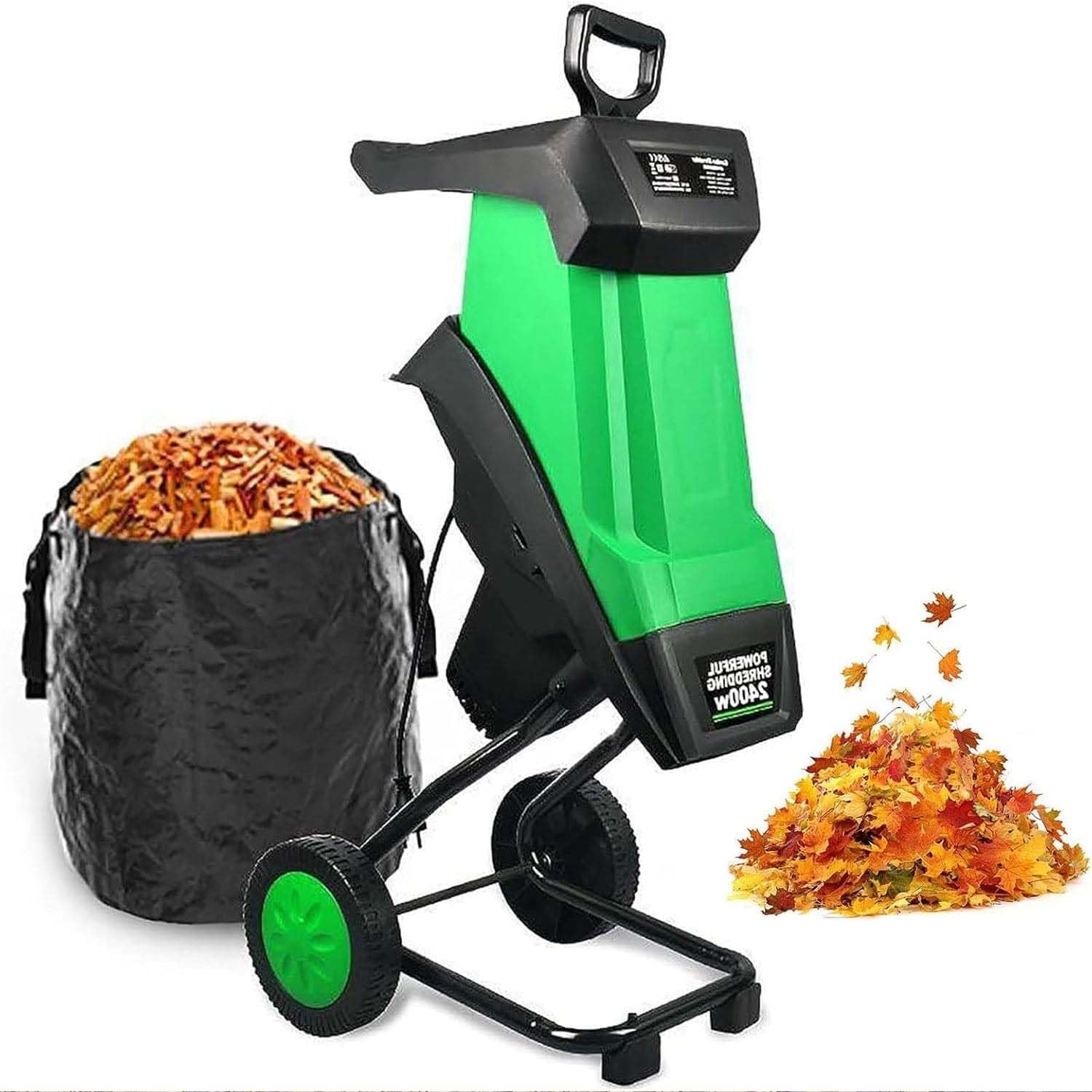 Electric Garden Shredder 2400W Powerful Wood Chipper with 50L Collection Bag, 40mm Cutting Capacity, Quiet Leaf Mulcher and Yard Waste Shredder with Wheels for Home Garden Maintenance