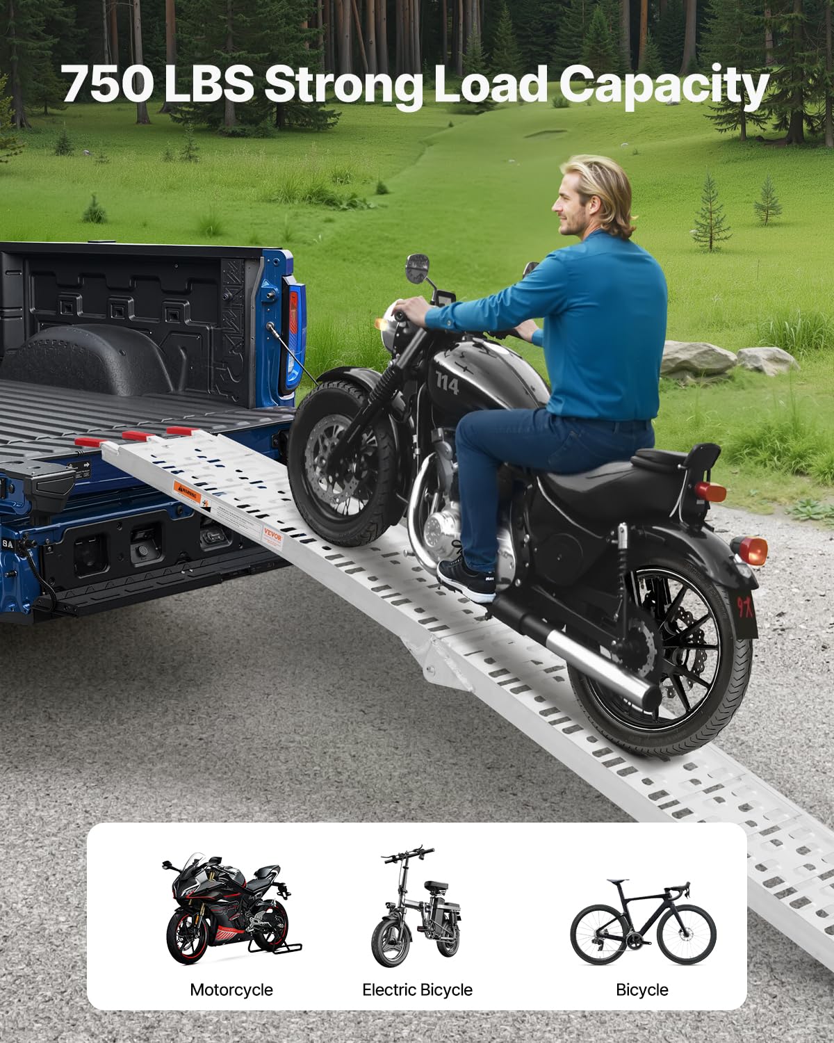 VEVOR 340 kg, 1 szt. wytrzymała szersza powierzchnia, uniwersalna stabilna rampa ładunkowa z uchwytami, pasuje do motocykla, elektrycznego, roweru itp., srebrna, 3050 x 295 x 47 mm