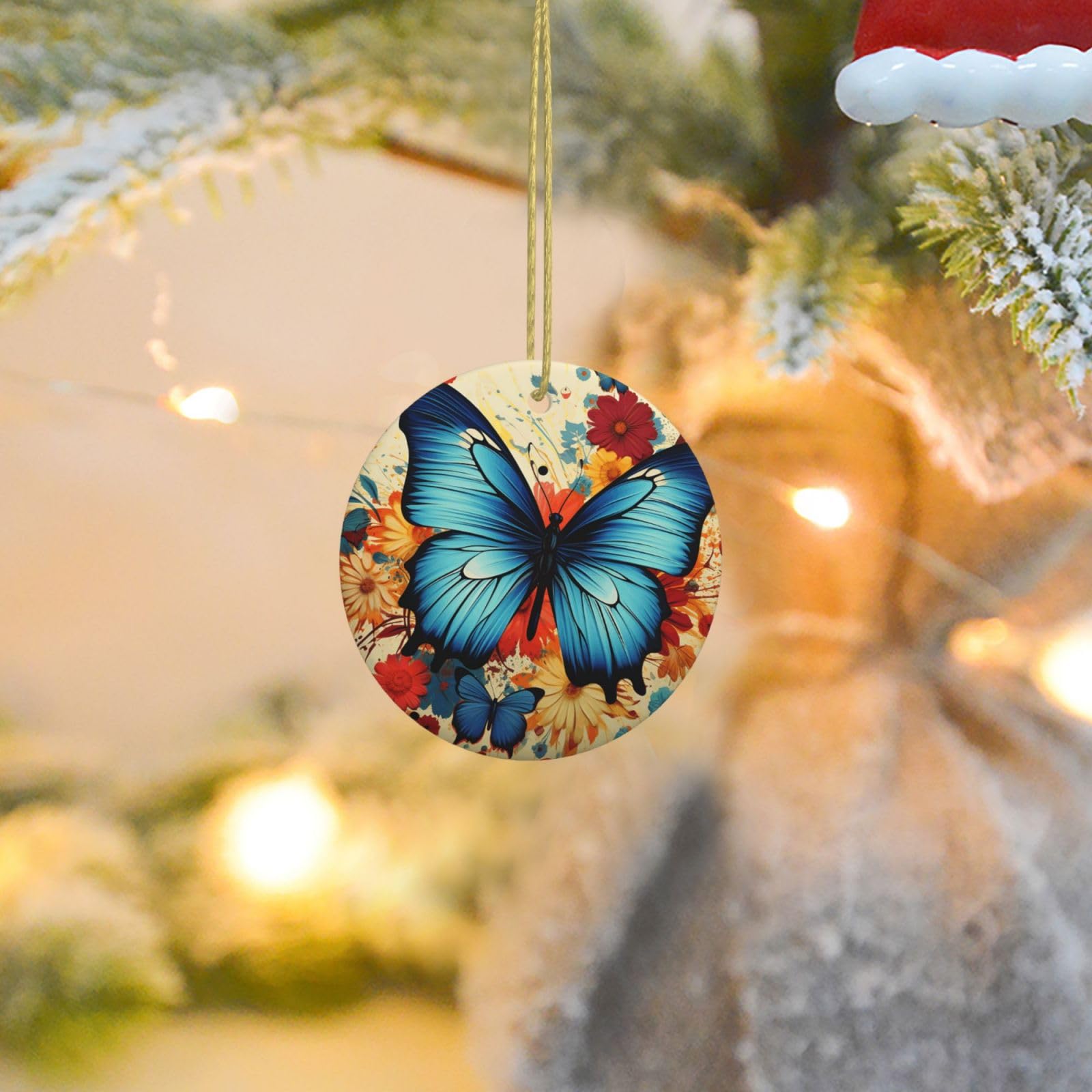 Christmas Ornaments for Christmas Tree Decoration Ceramic Hanging Butterfly Ornament with Gold Ribbon Crafts Round Pendant for Keepsake Gifts Glass Xmas Decor Party Supplies