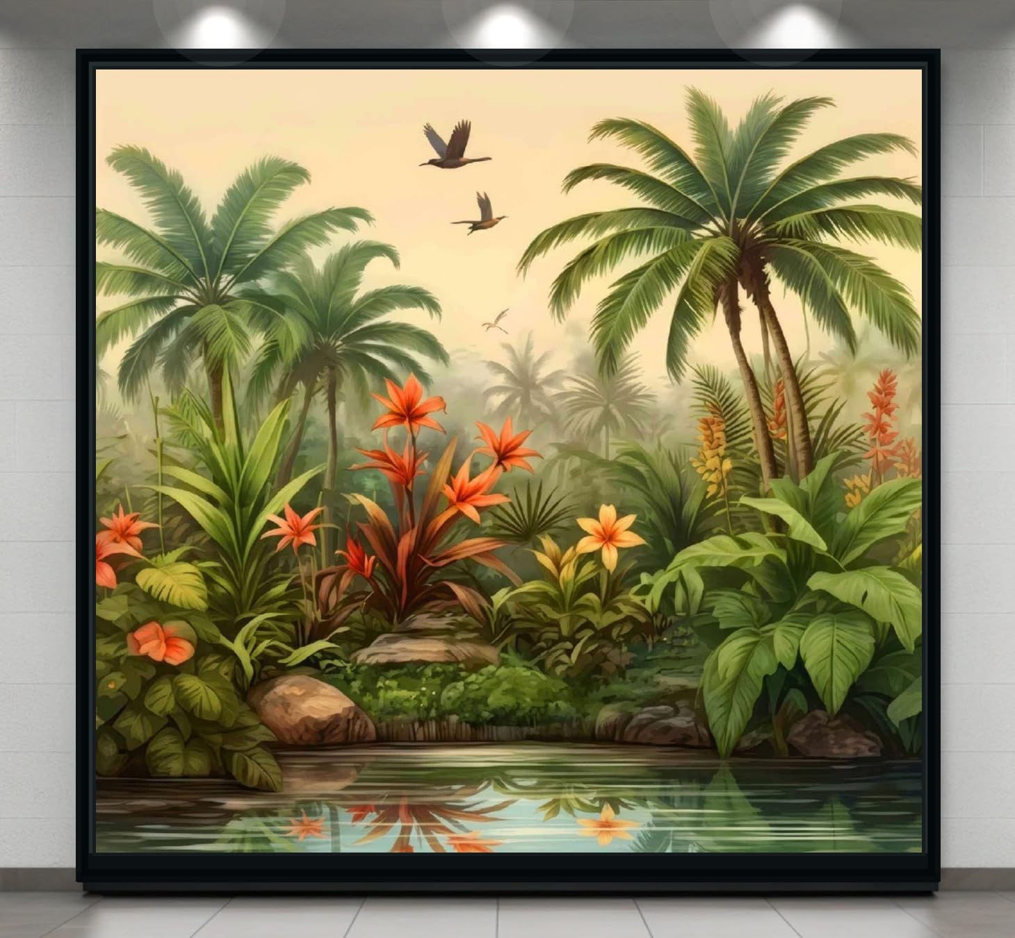 Backdropon Backdropon Tropical Jungle Fabric Backdrop | Palm Trees, Flowers & Water Reflection | Photography Background Size 8 Feet Height and 8 Feet Width(8 * 8)-picture-15
