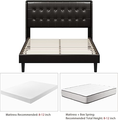 Miniatura 6 de Base de cama tapizada matrimonial con cabecera de ala base de cama de plataforma de poliuretano con ribete de cabeza de clavo base de colchón