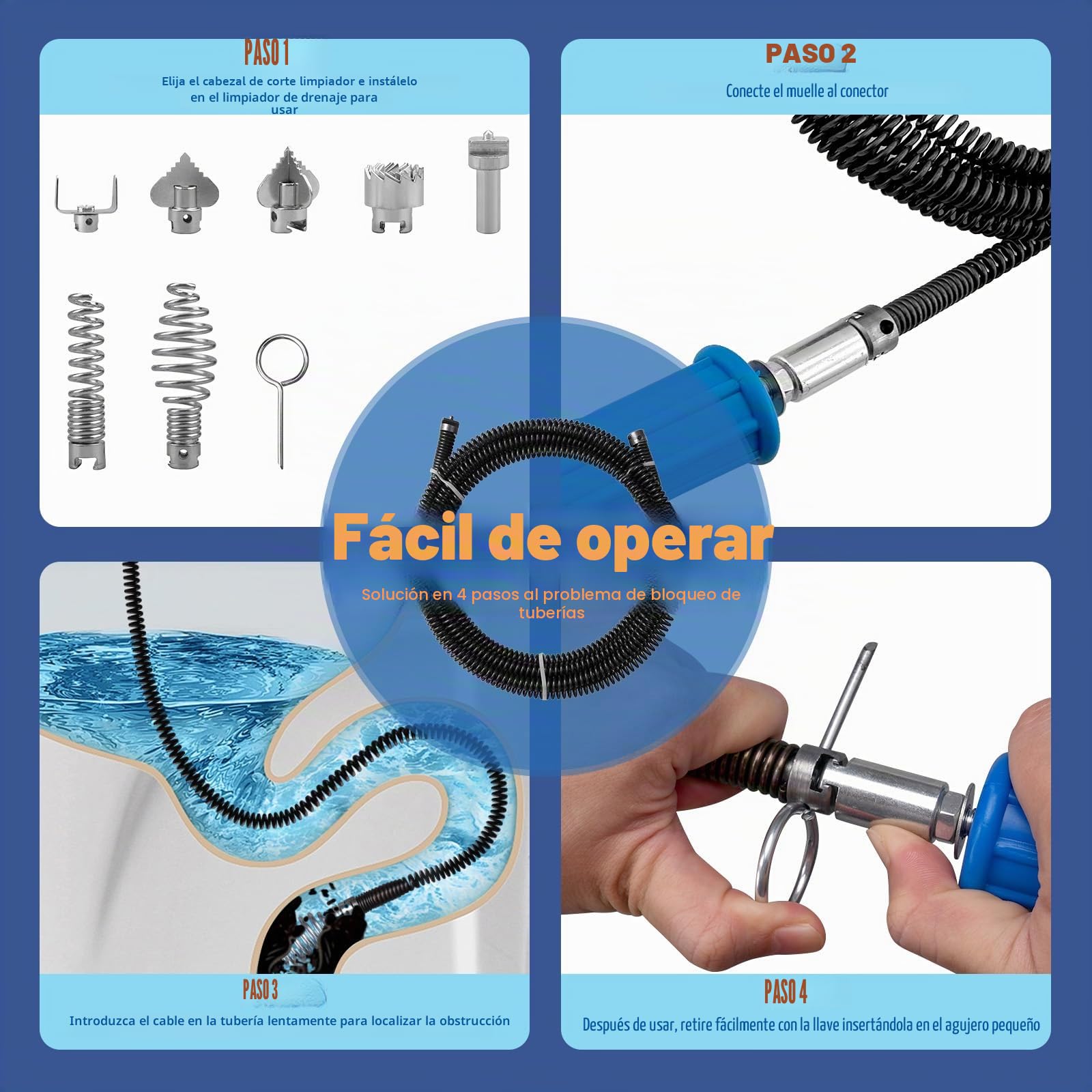 2 Piezas Desatascador Fregadero 5 Metros Diámetro 12 mm, Sirga Desatascar Tuberias Muelle Desatascador con 8 Piezas Limpiador de Drena,Desastacador Desagues Fregadero, Alambre Desatascador Tuberias