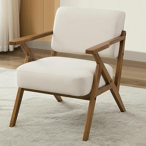 Silla moderna Mid-Century tapizada con marco de madera maciza, cojín más grueso para sala de estar, lectura, balcón, lino beige