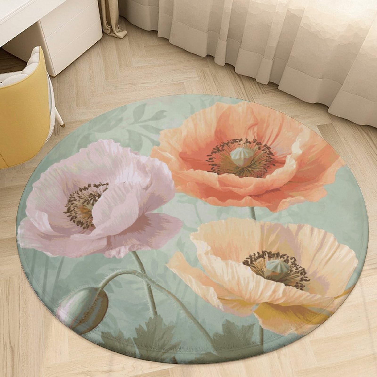 Tapis rond en velours pour salle de bain coquelicots pastel 0,6m