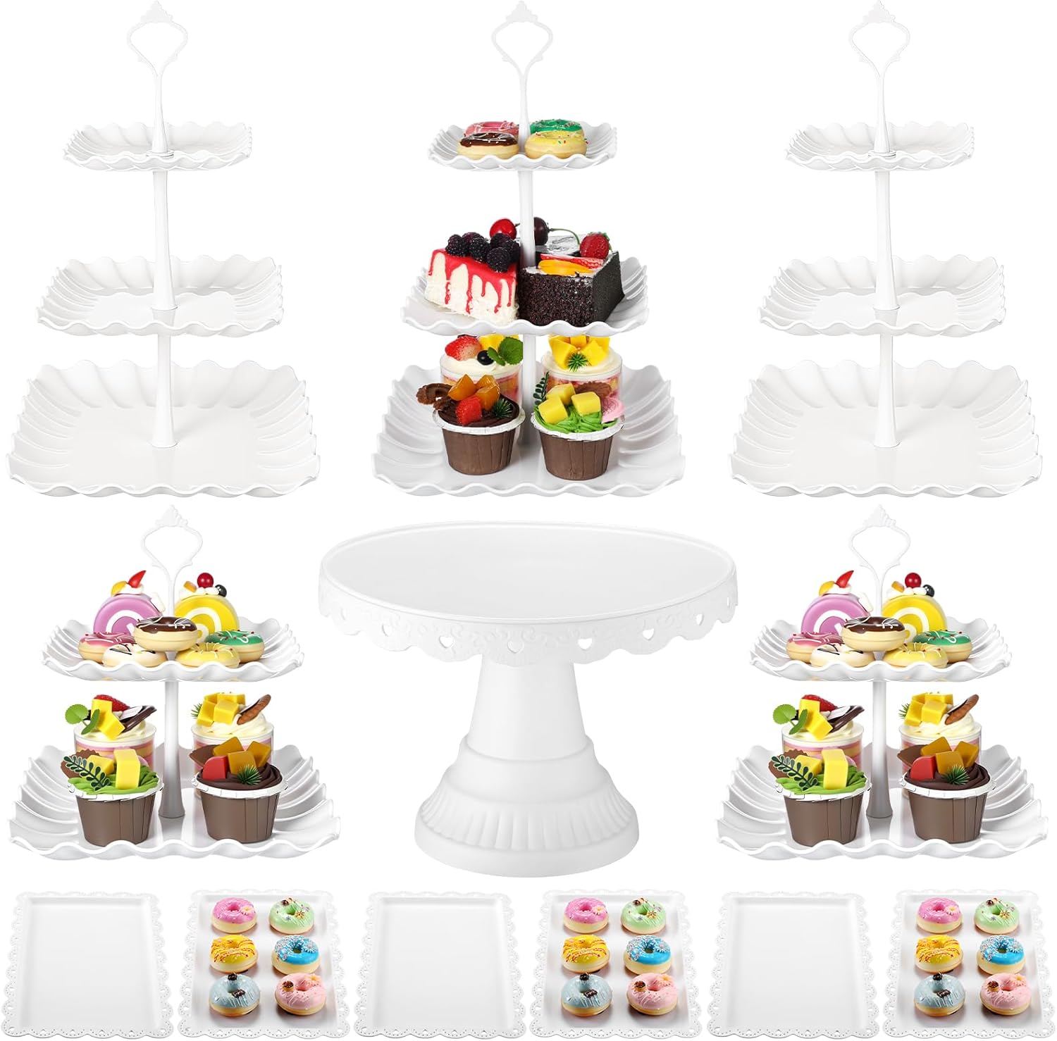 12 Pcs Dessert Table Display Stand Set Include 5 Square Cupcake Stand Holder Tier Tower 1 Cake Holder 6 Rectangular Serving Tray Combo for Party Birthday Baby Shower Wedding (White,White)