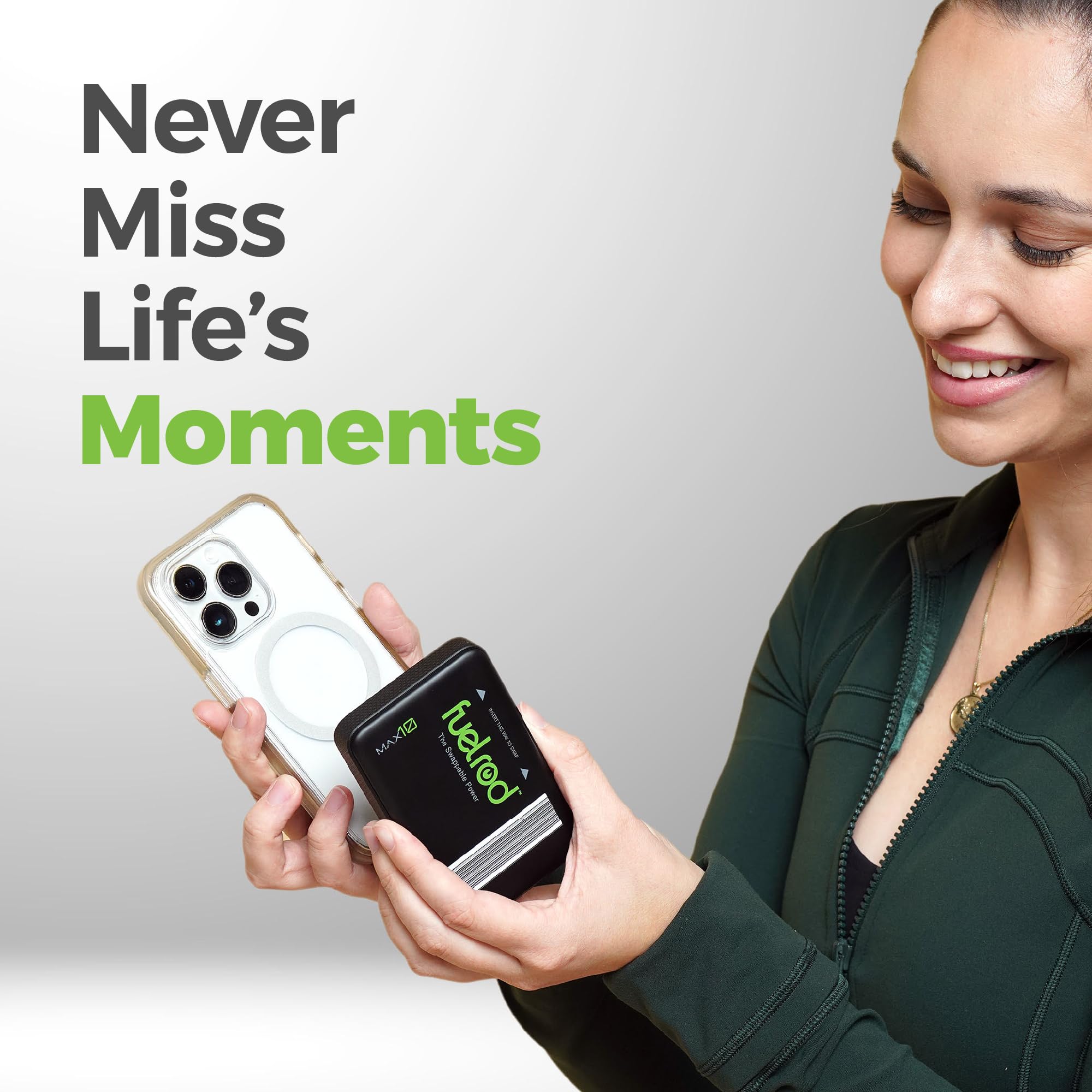 FuelRod MAX10 - Cargador portátil de alta capacidad, potencia intercambiable, carga inalámbrica, USB-C, 10.000mAh