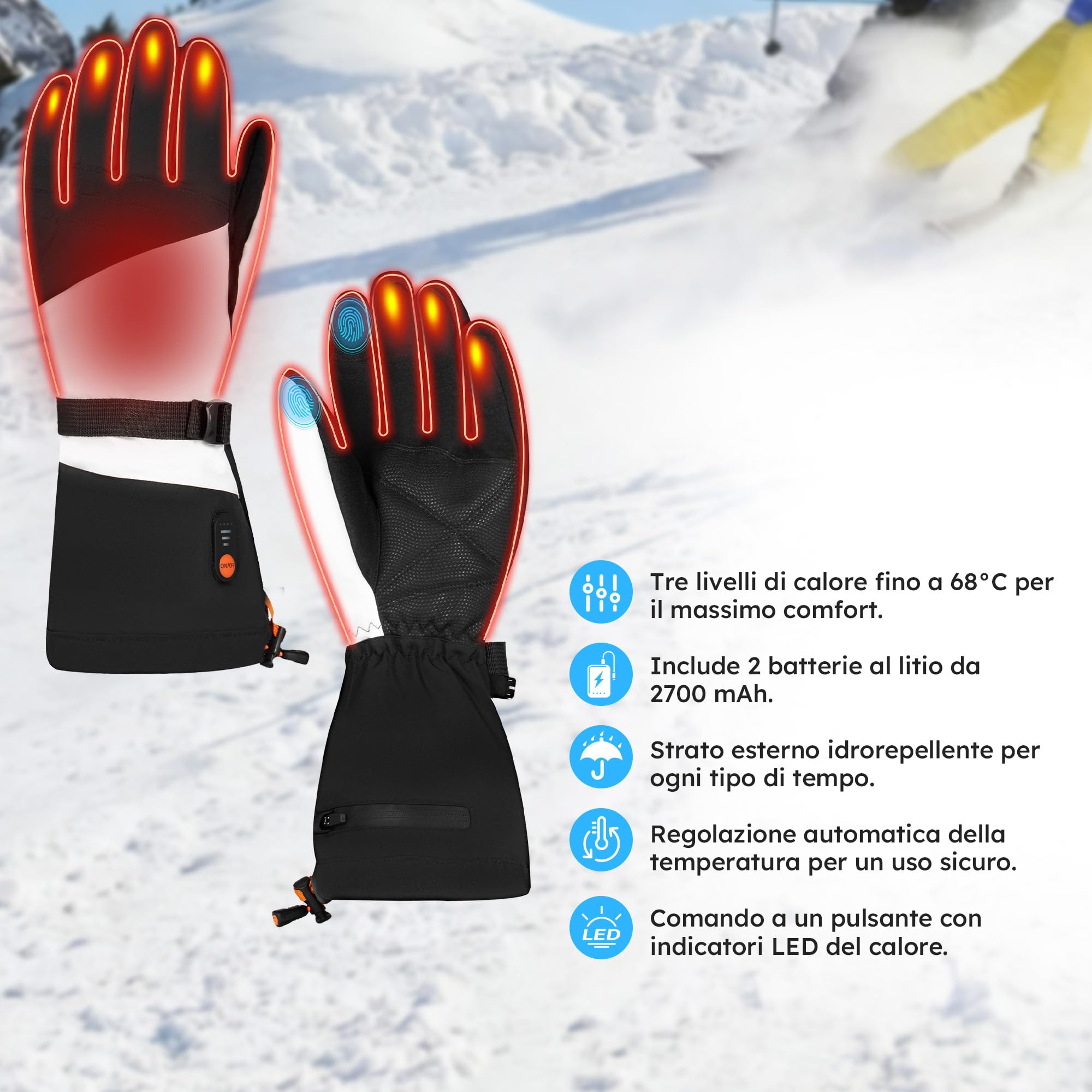 Guanti riscaldanti – Premium – 3 livelli – Guanti elettrici – Resistenti all'acqua e al vento – Guanti riscaldabili ricaricabili – Bianco – di Saaf