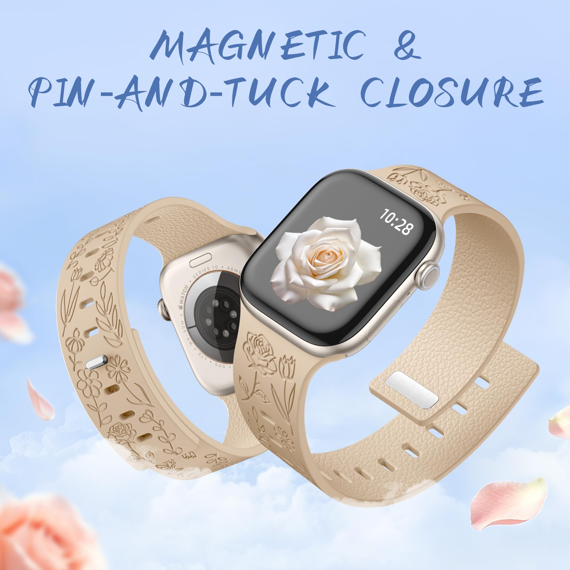 Bracelet magnétique en silicone à motif floral compatible avec les bracelets Apple Watch pour femme 40 mm, 42 mm, 41 mm, 38 mm, 44 mm, 45 mm, 46 mm, 49 mm, bracelet magnétique de sport à motif floral