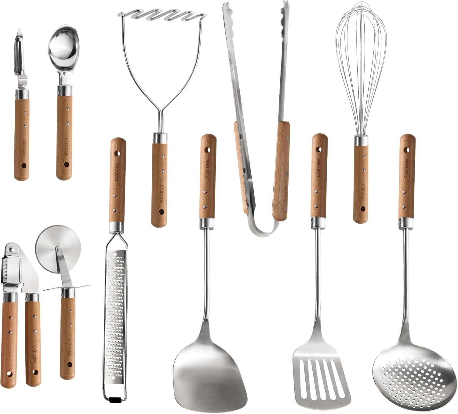 Carote Stainless Steel Cooking Utensils Set with Stay-Cool Wooden Handles, 11PCS Kitchen Tools Set, Spatulas, Whisk, Tongs, Ice Cream Scoop, Peeler, Pizza Cutter, Potato Masher Carote Stainless Steel Cooking Utensils Set with Stay-Cool Wooden Handles, 11PCS Kitchen Tools Set, Spatulas, Whisk, Tongs, Ice Cream Scoop, Peeler, Pizza Cutter, Potato Masher