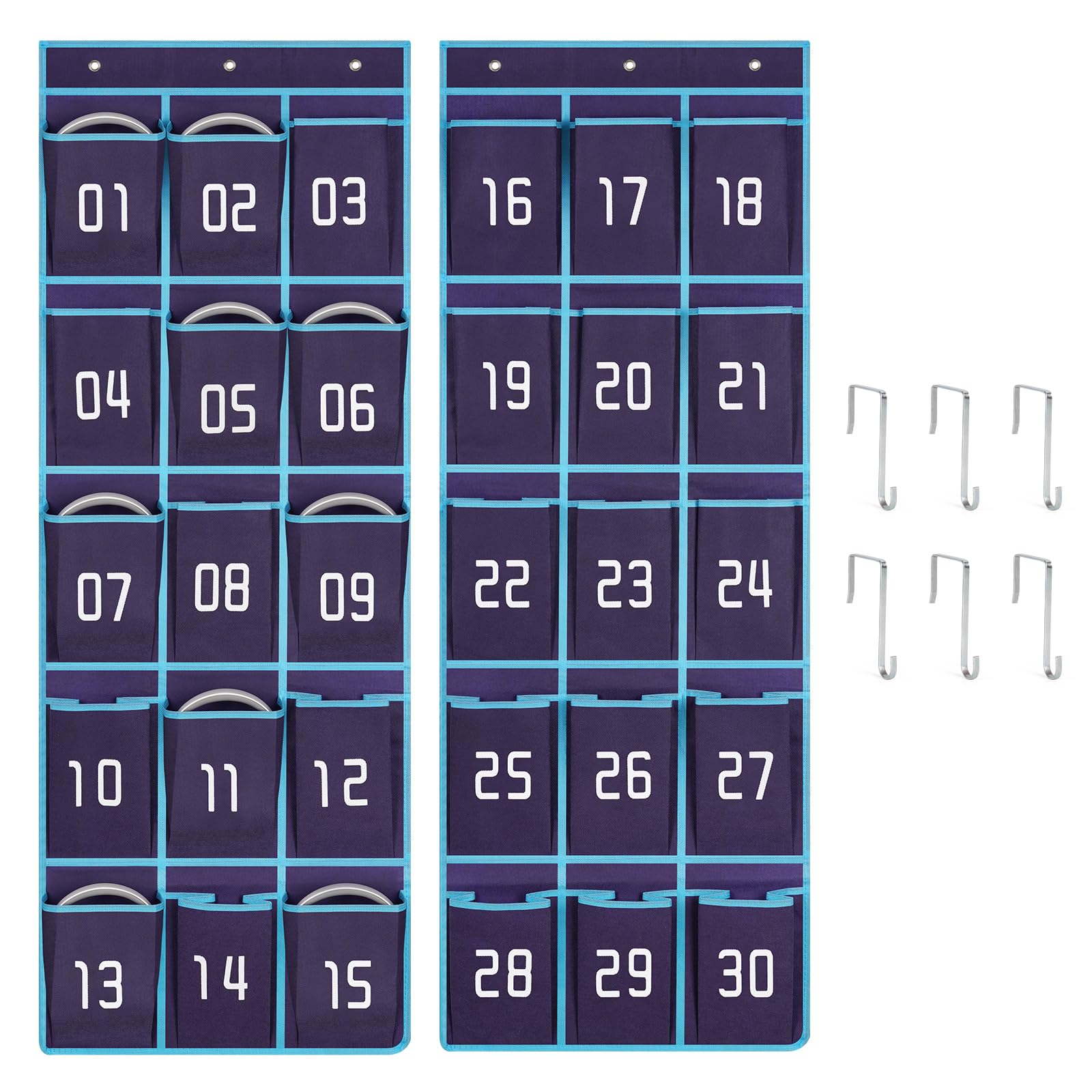 Loghot 2 Pack Classroom Headphone Storage Organizer, 30 Pockets Wall Hanging Numbered Headphone Holder, Over The Door Classroom Pocket Chart for Headphones, Cell Phone, School Supplies (Blue)-picture-10