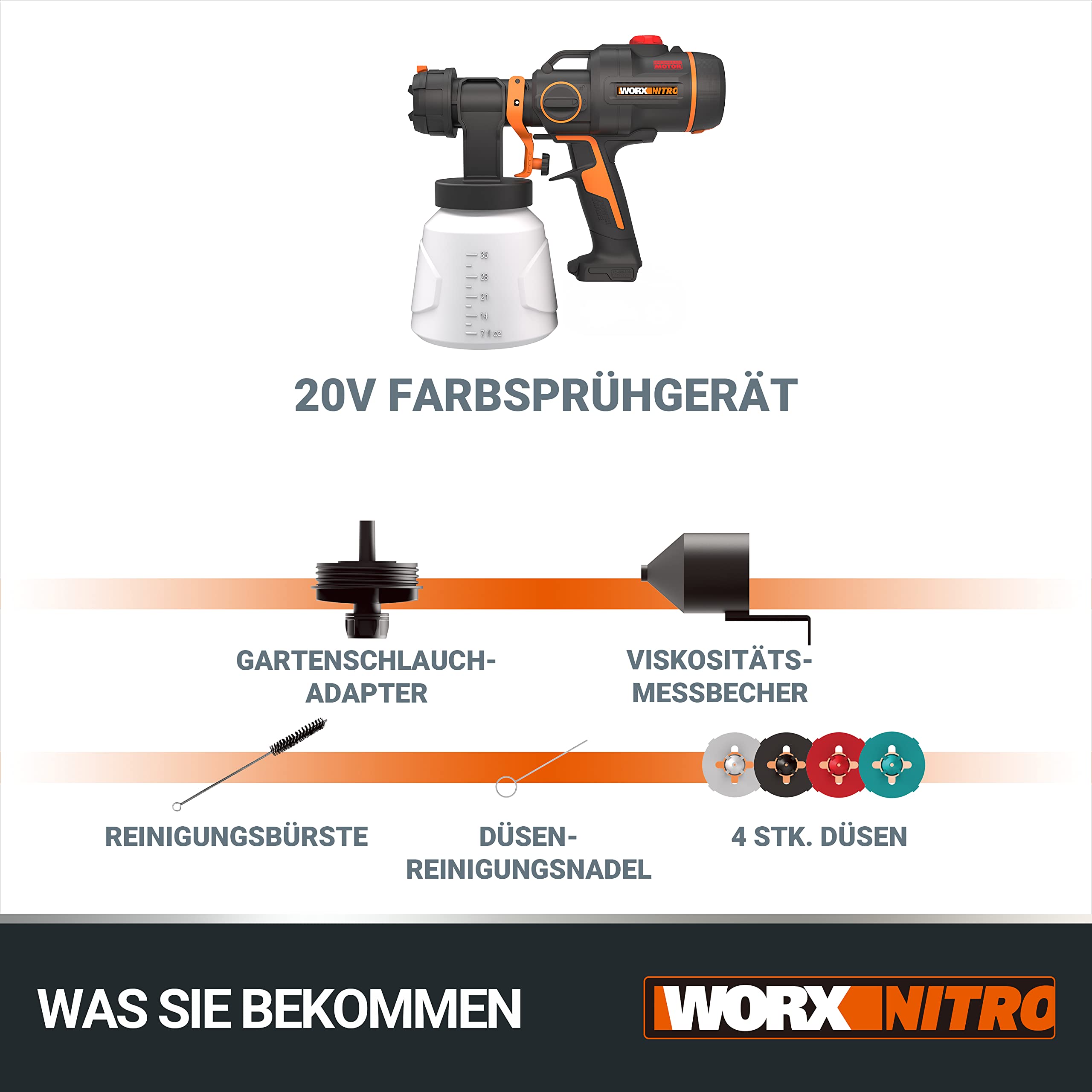 WORX WX020.9 Nitro Akku-Farbsprühsystem 20V - leistungsstark bürstenloser Motor - 3 Sprühform & 4 Düsengrößen - einfache Reinigung - gleichmäßiges Sprühen - ohne Akku & Ladegerät